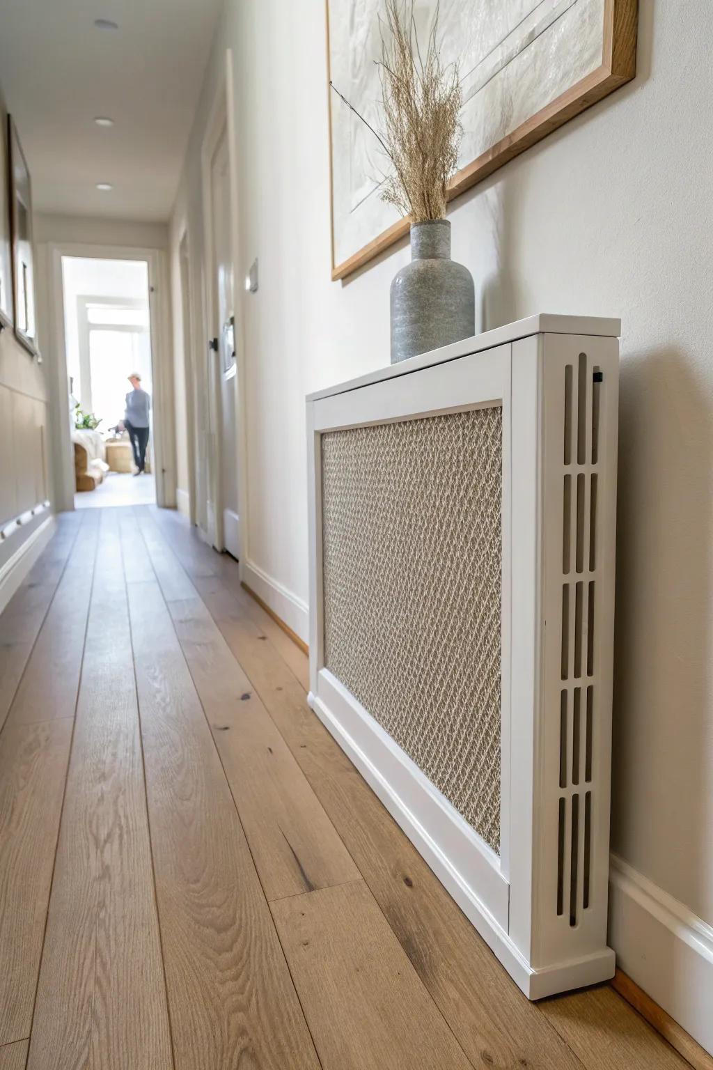Minimal metal mesh heater cover—airy, sleek, and perfect for a narrow hallway.