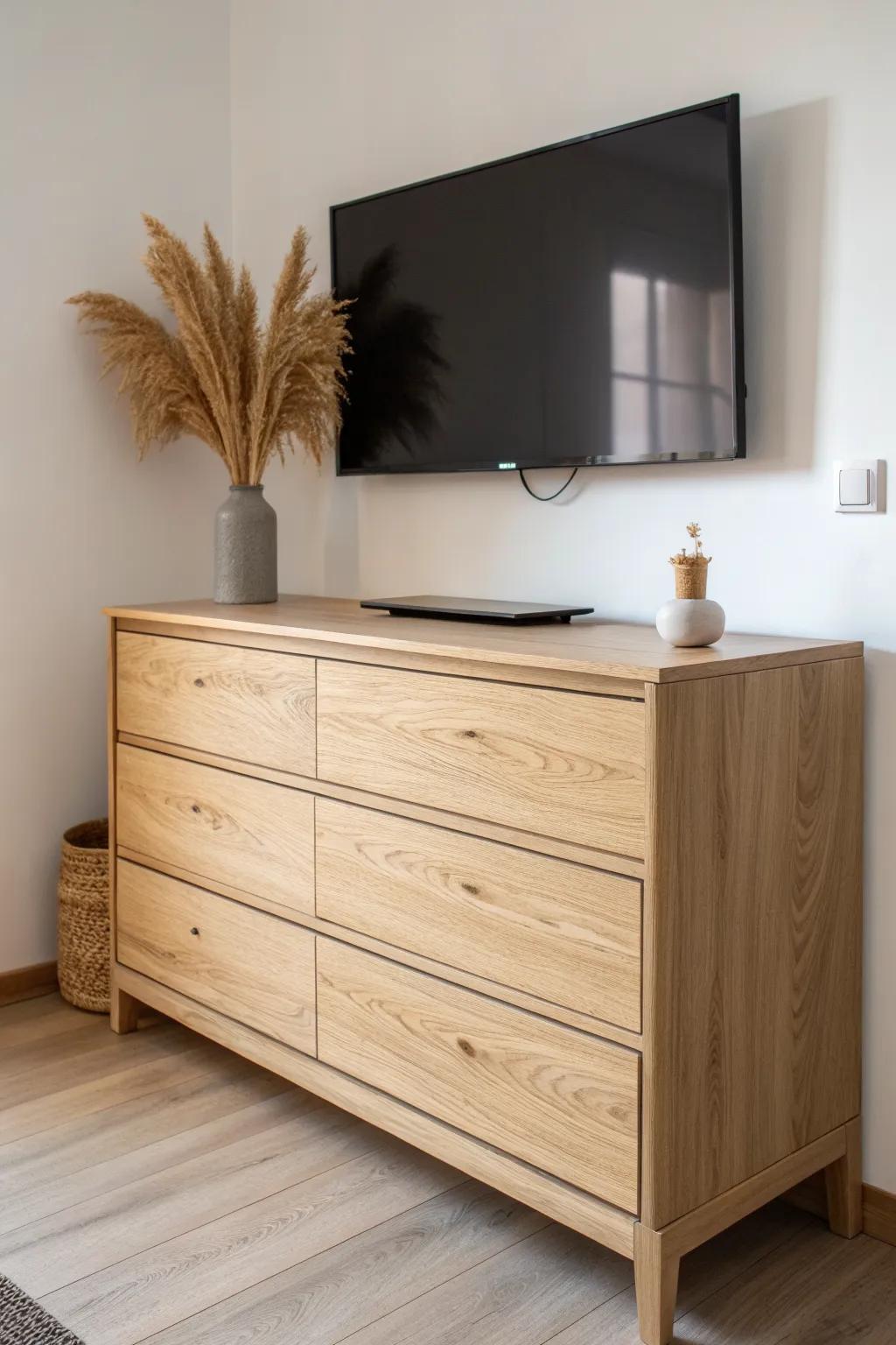 TV mounted above a dresser: streamlined bedroom storage with a calm, minimalist look.