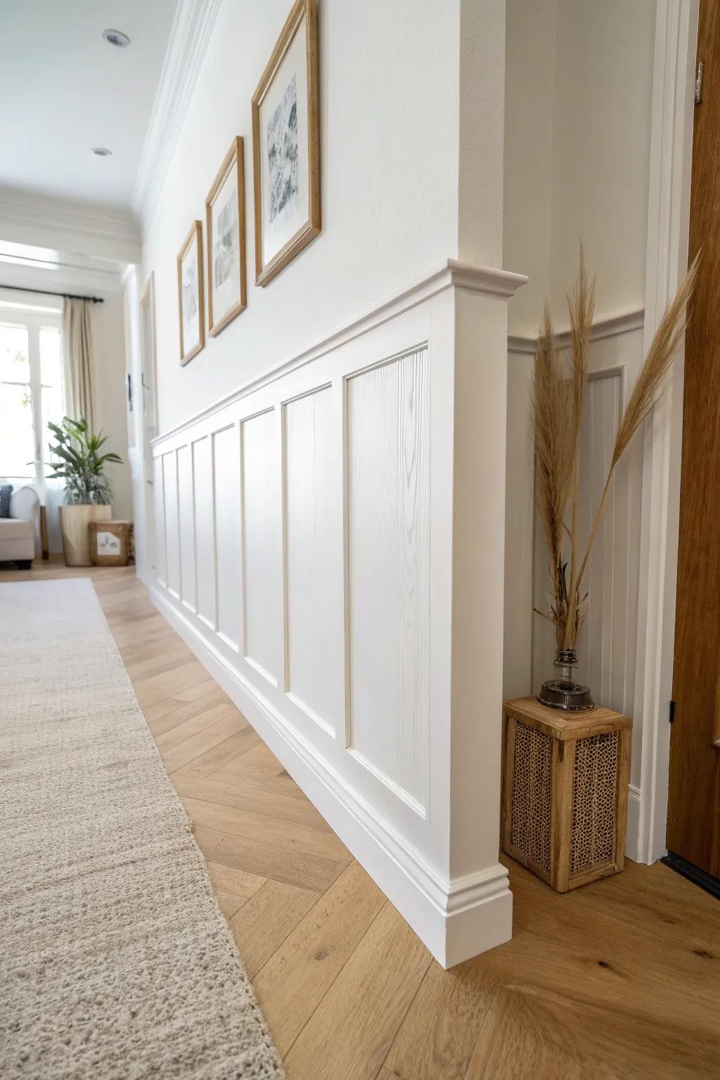 Classic half-wall wainscoting: a polished scuff-shield detail that elevates narrow hallways.