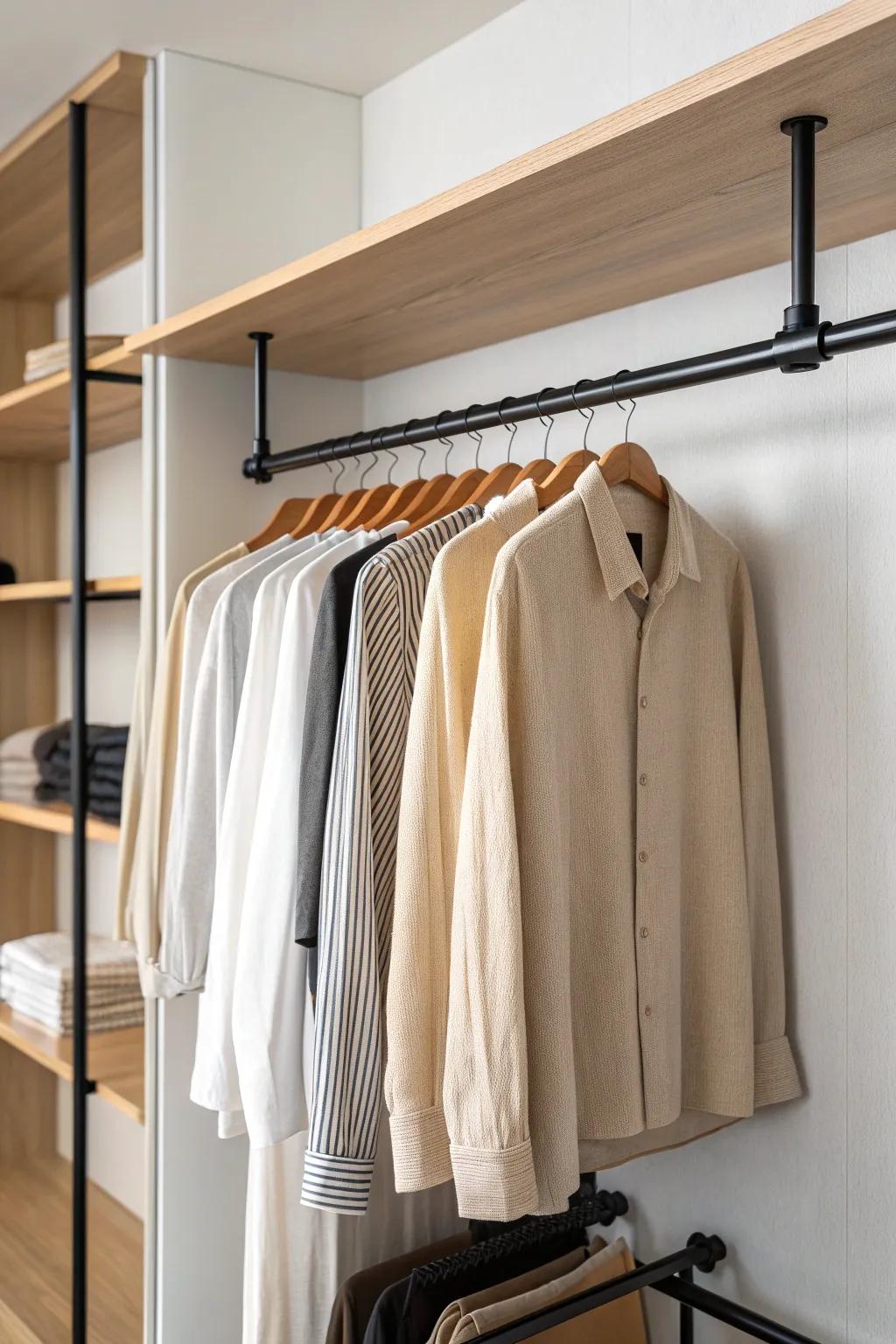 Double-hang rods turn a wall-to-wall closet into a calm, spacious system—no overflow.