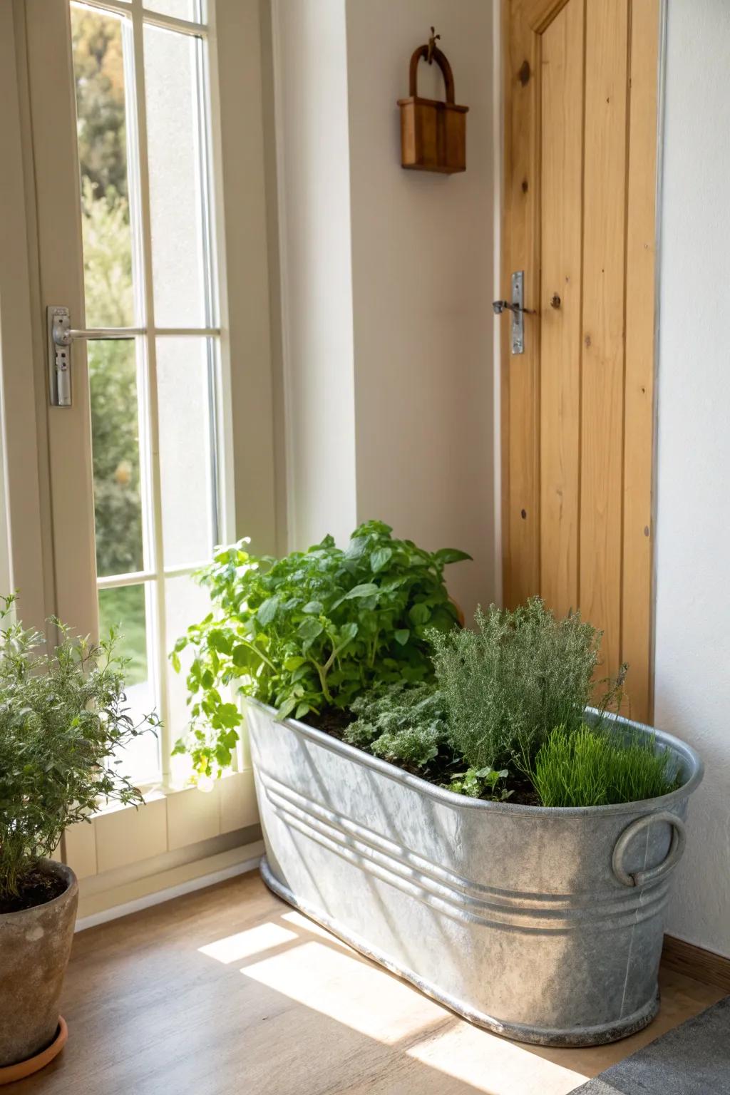 A grab-and-go herb trough by the kitchen door—minimal, pretty, and always within reach.