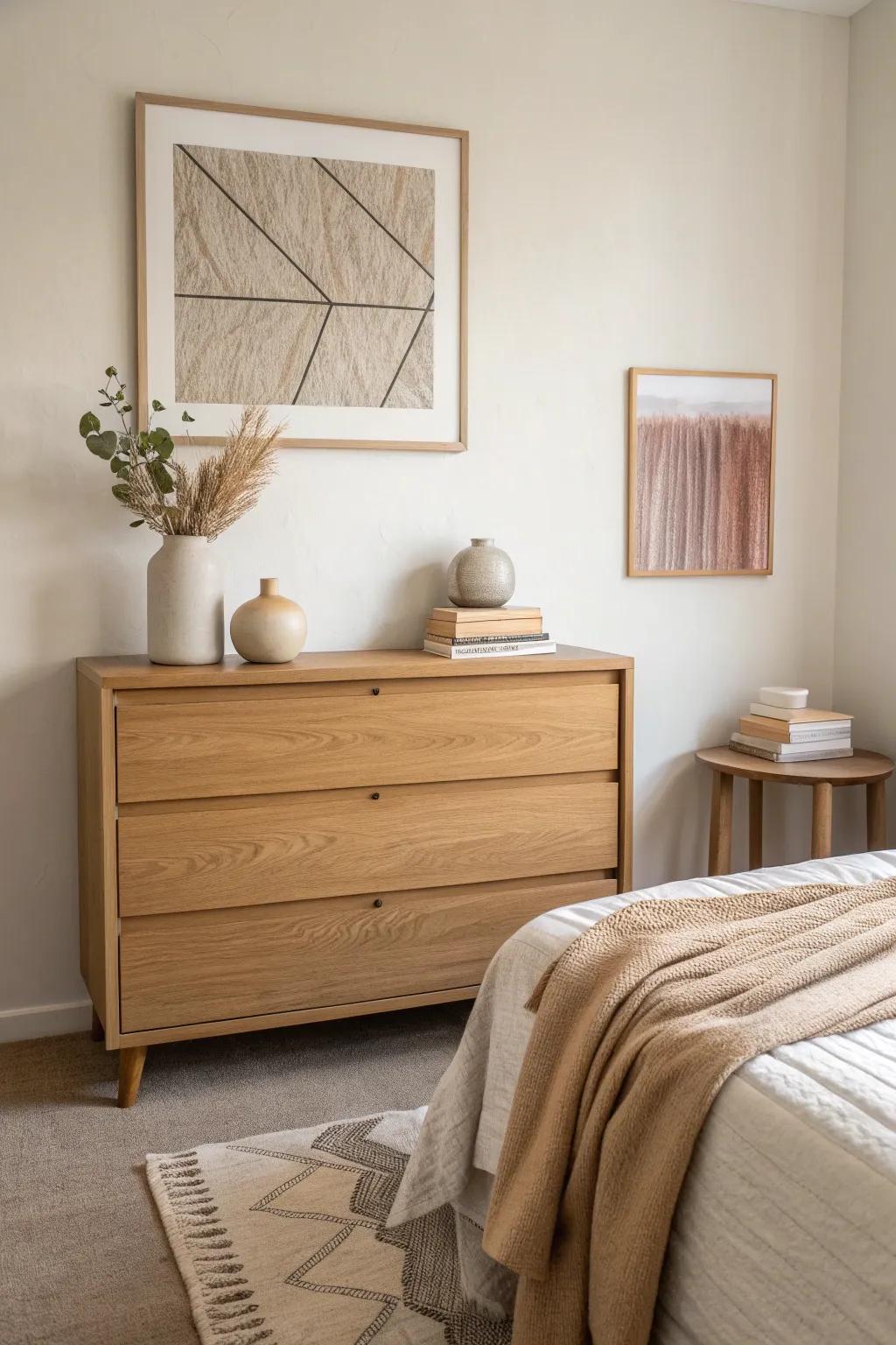 One oversized art piece above the dresser instantly ties the room together—simple, soft, and styled.