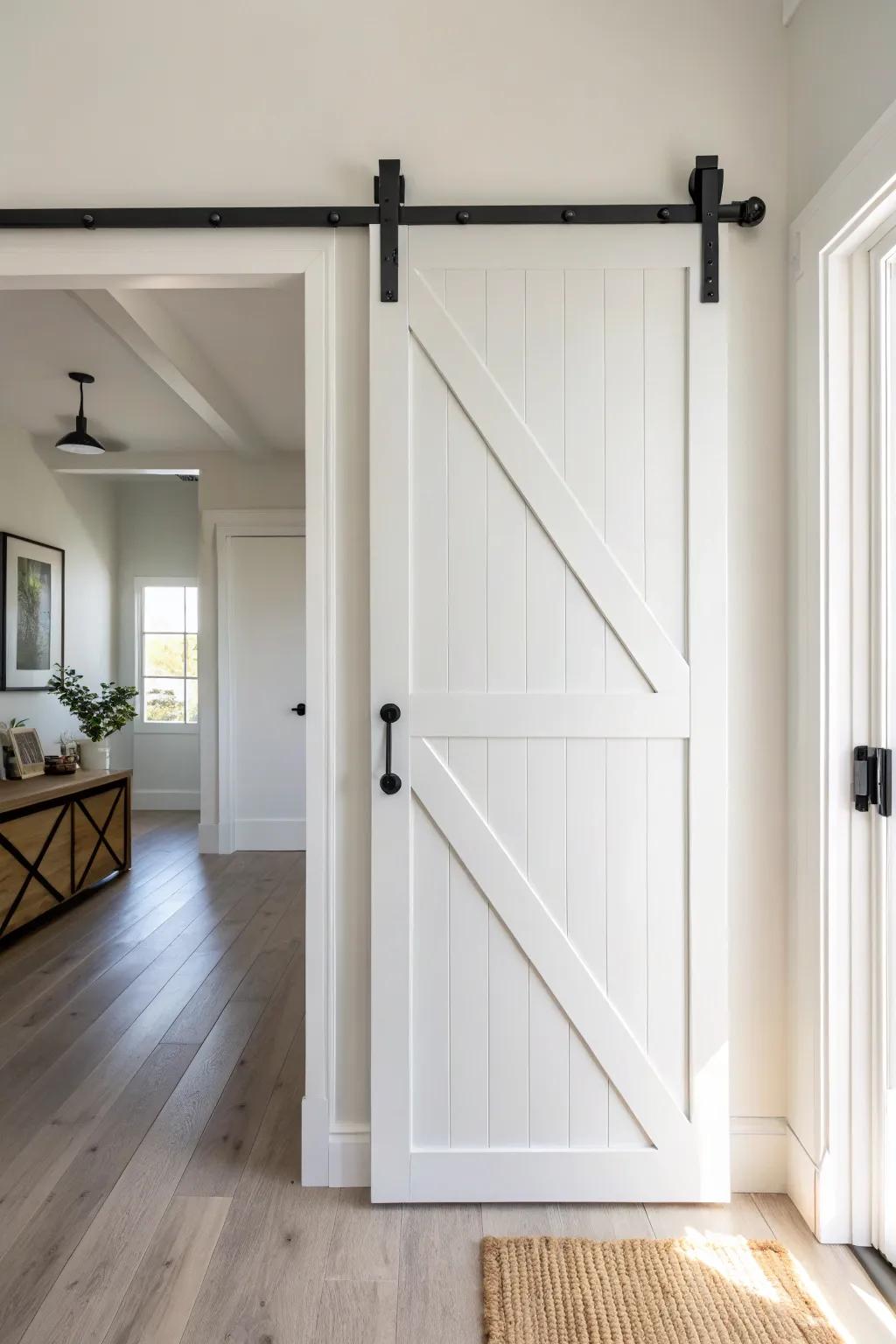 Crisp white barn door + matte black hardware: the clean contrast that instantly frames a space.