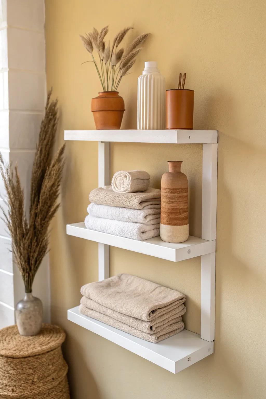Stacked white shelves create a slim vertical storage tower—practical below, pretty decor on top.