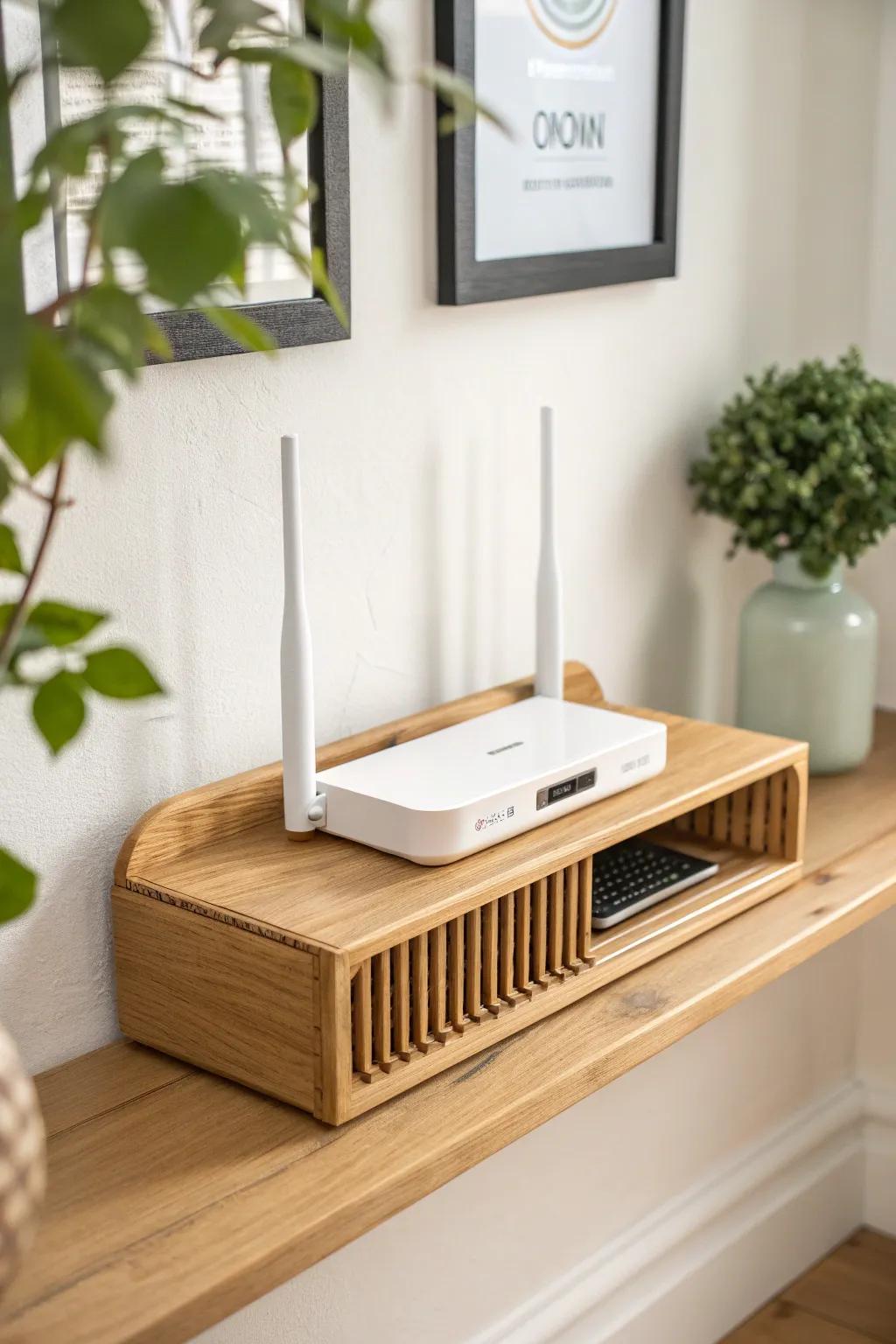A slatted-front router shelf that hides the blink—while keeping airflow (and style) perfect.