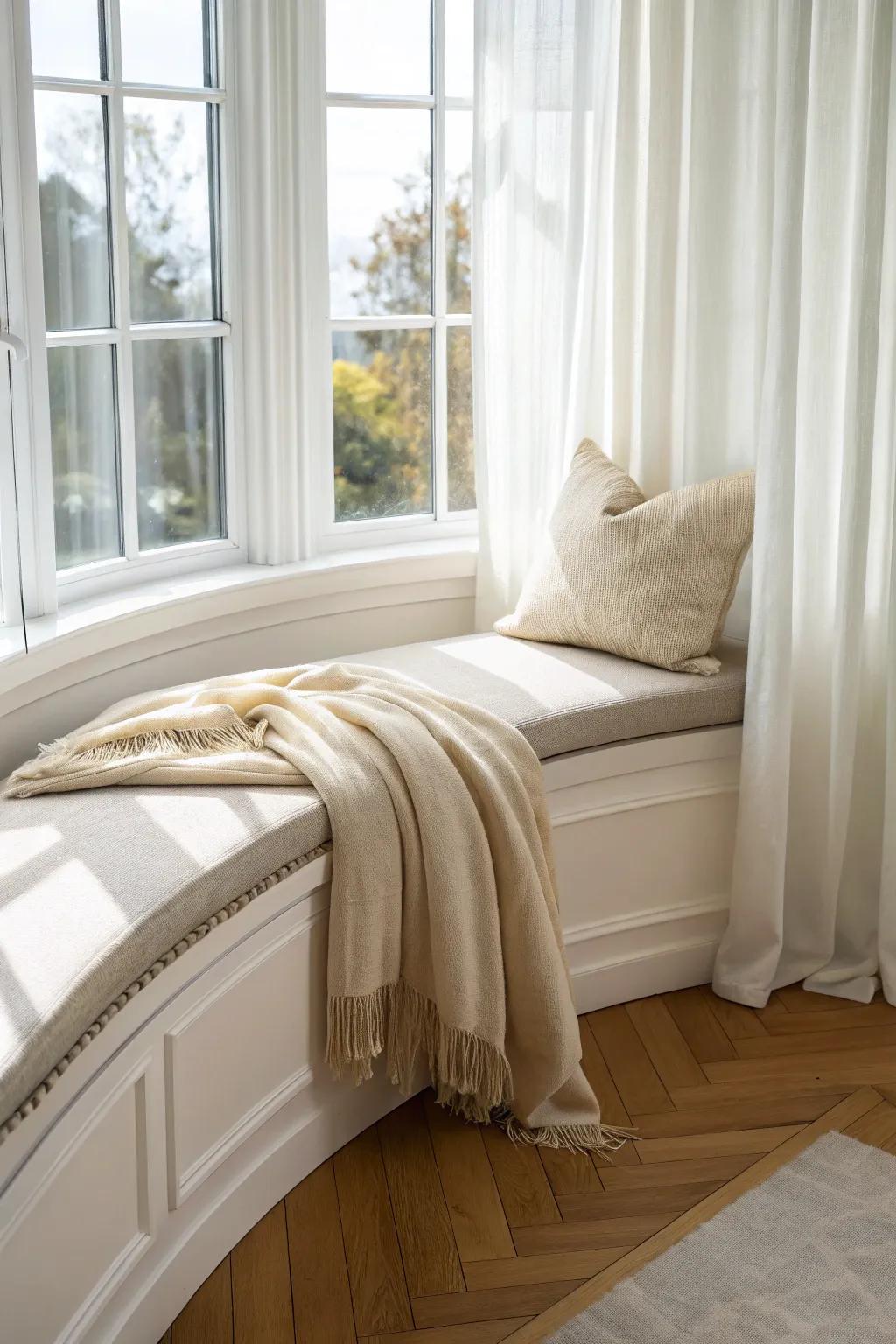 A curved-cut cushion turns a straight base into a dreamy bay window bench—rental friendly.