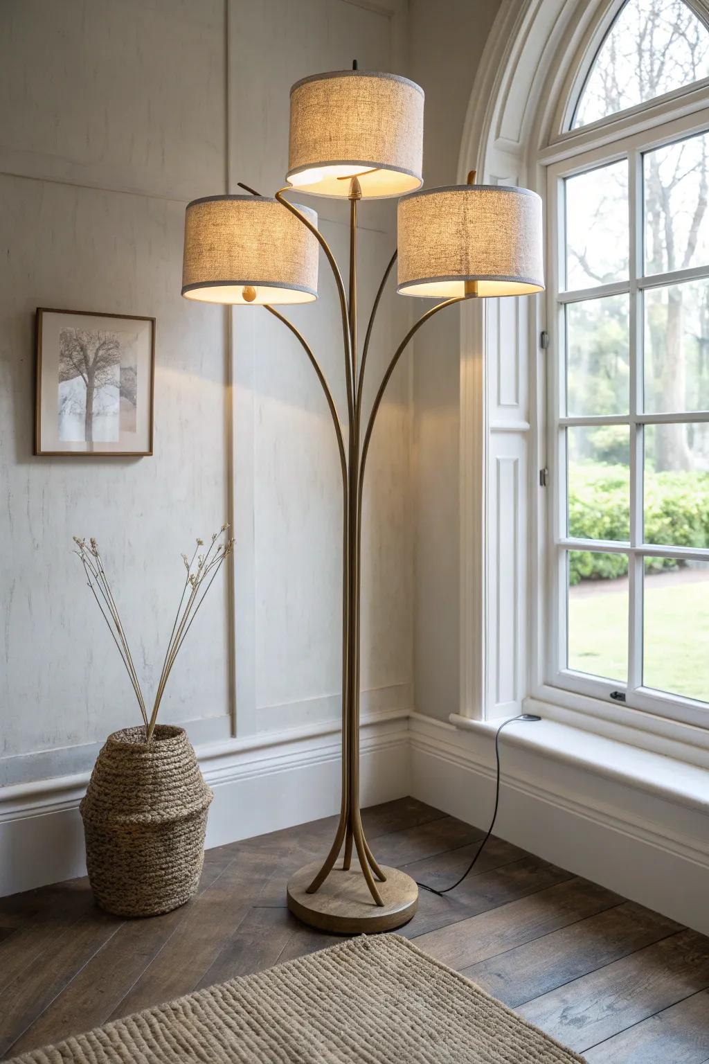 One statement floor lamp with three soft glows turns a windowless corner into daylight warmth.