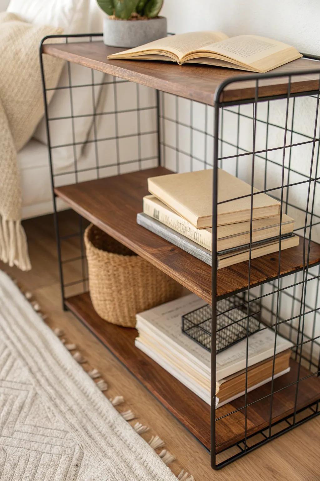 Warm stained wood planks turn a simple wire bookshelf into cozy, furniture-like storage.