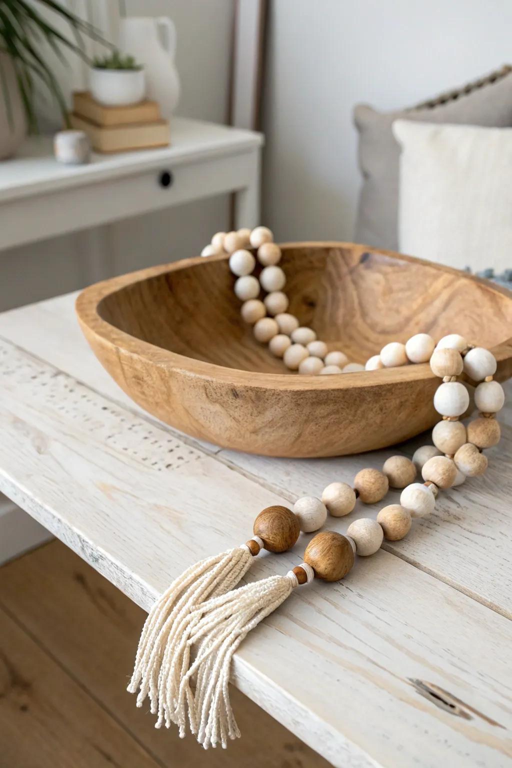 Transform your space with the simple elegance of a wood bead garland nestled in a rustic dough bowl. #ScandiBoho #NaturalBeauty