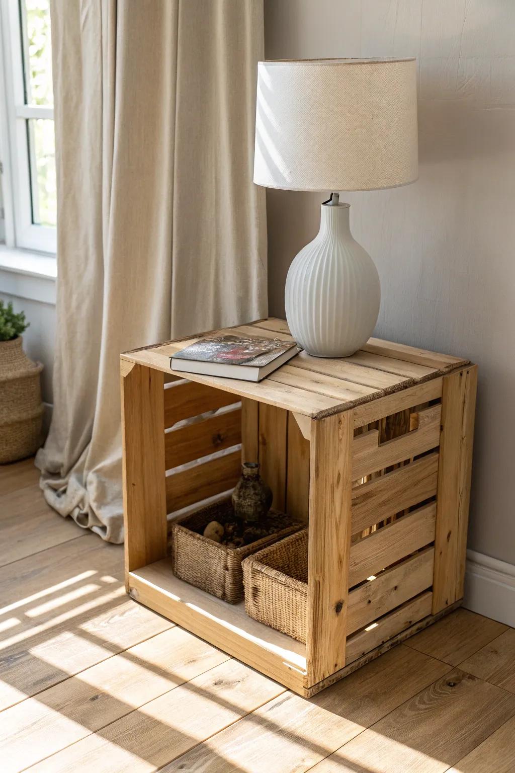 A single sanded wooden crate becomes a chic side table—lamp on top, storage beneath.