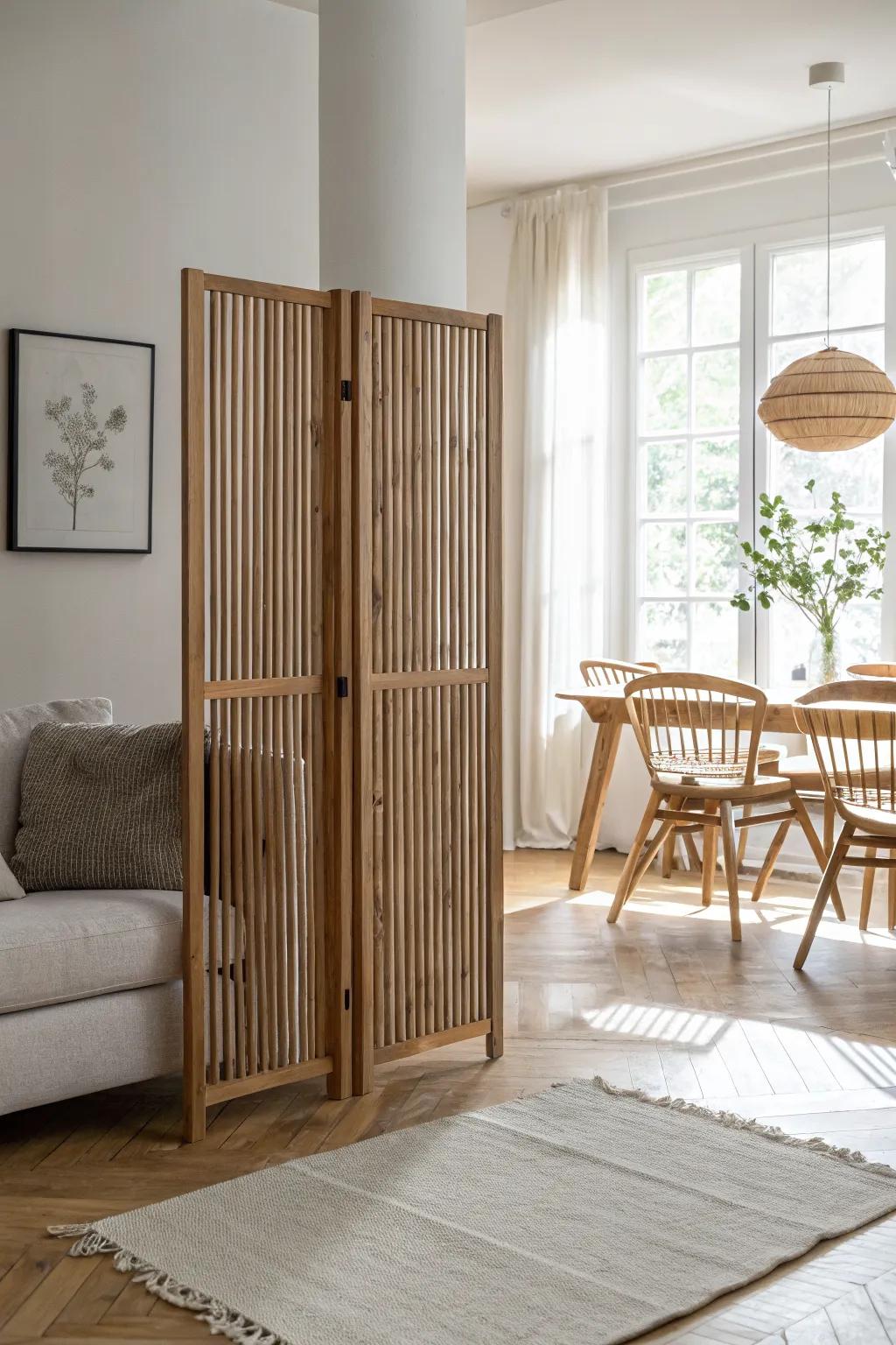 A light oak slatted divider that defines sofa and dining zones without closing the room.