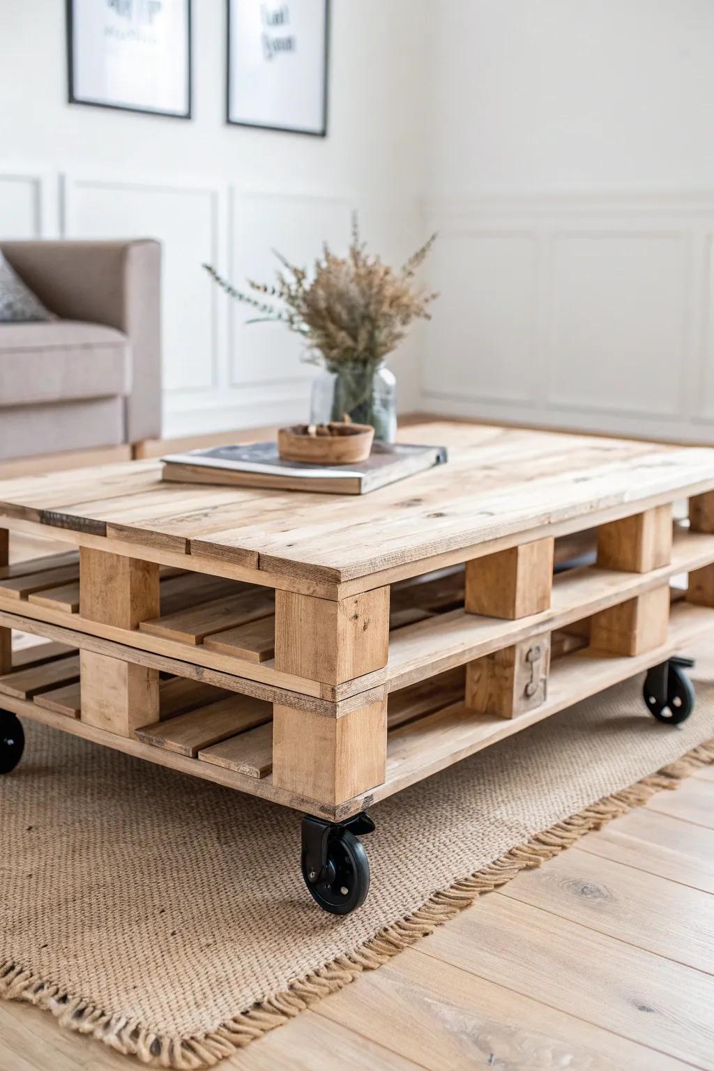 Smooth, sanded pallet coffee table with hidden cubbies—minimal style, max small-space storage.