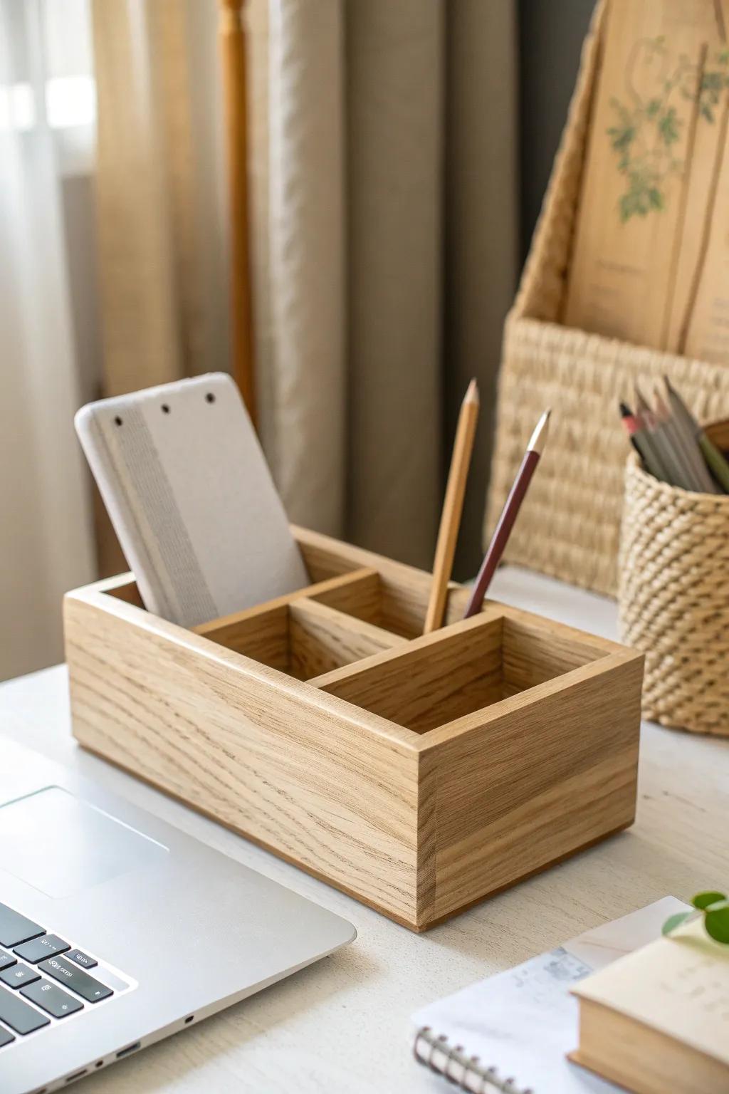 A minimalist desk caddy creates tiny work zones for papers, tools, and tech—no more wandering.