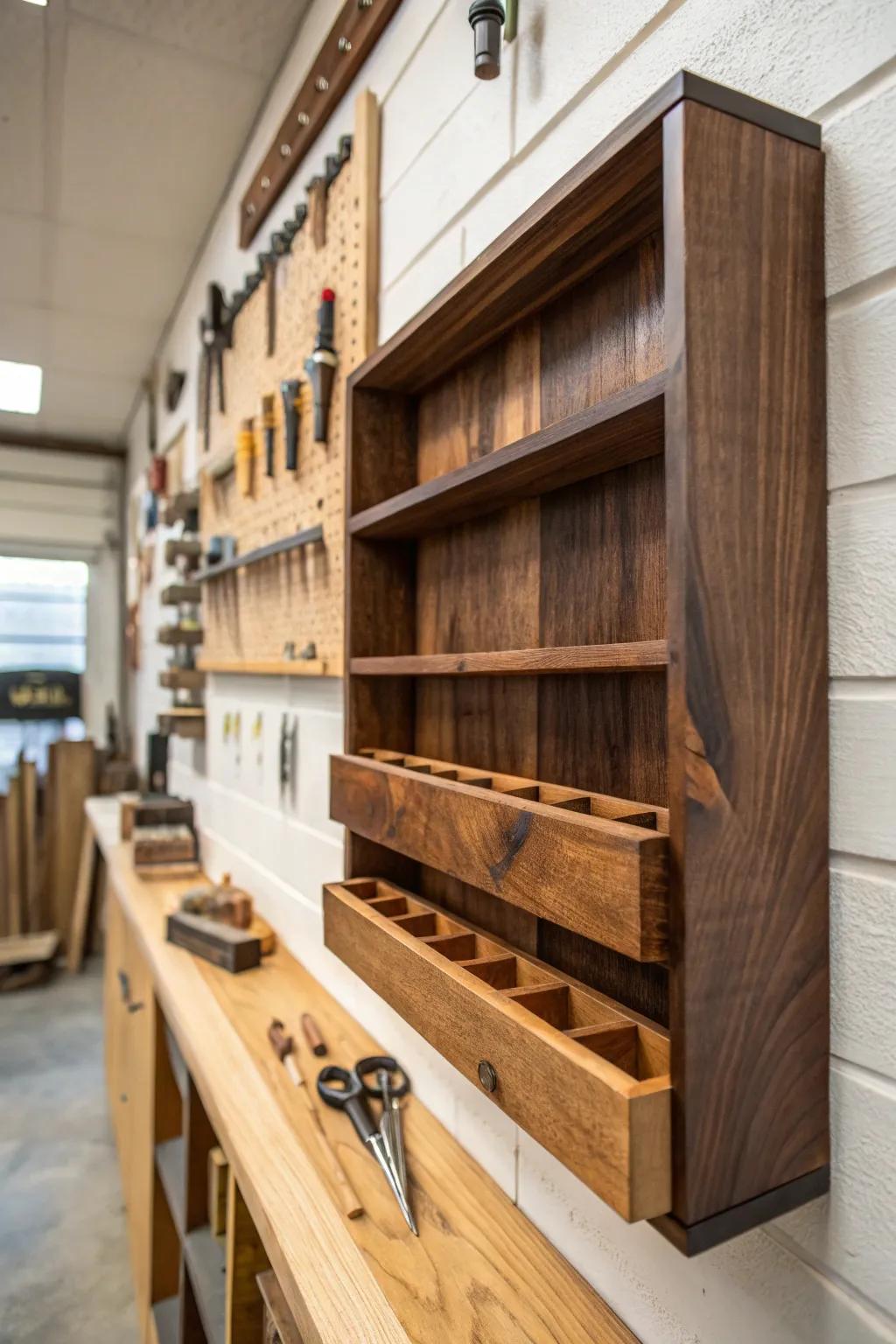Transform your workshop with expertly crafted wall-mounted shelves for seamless wood storage.