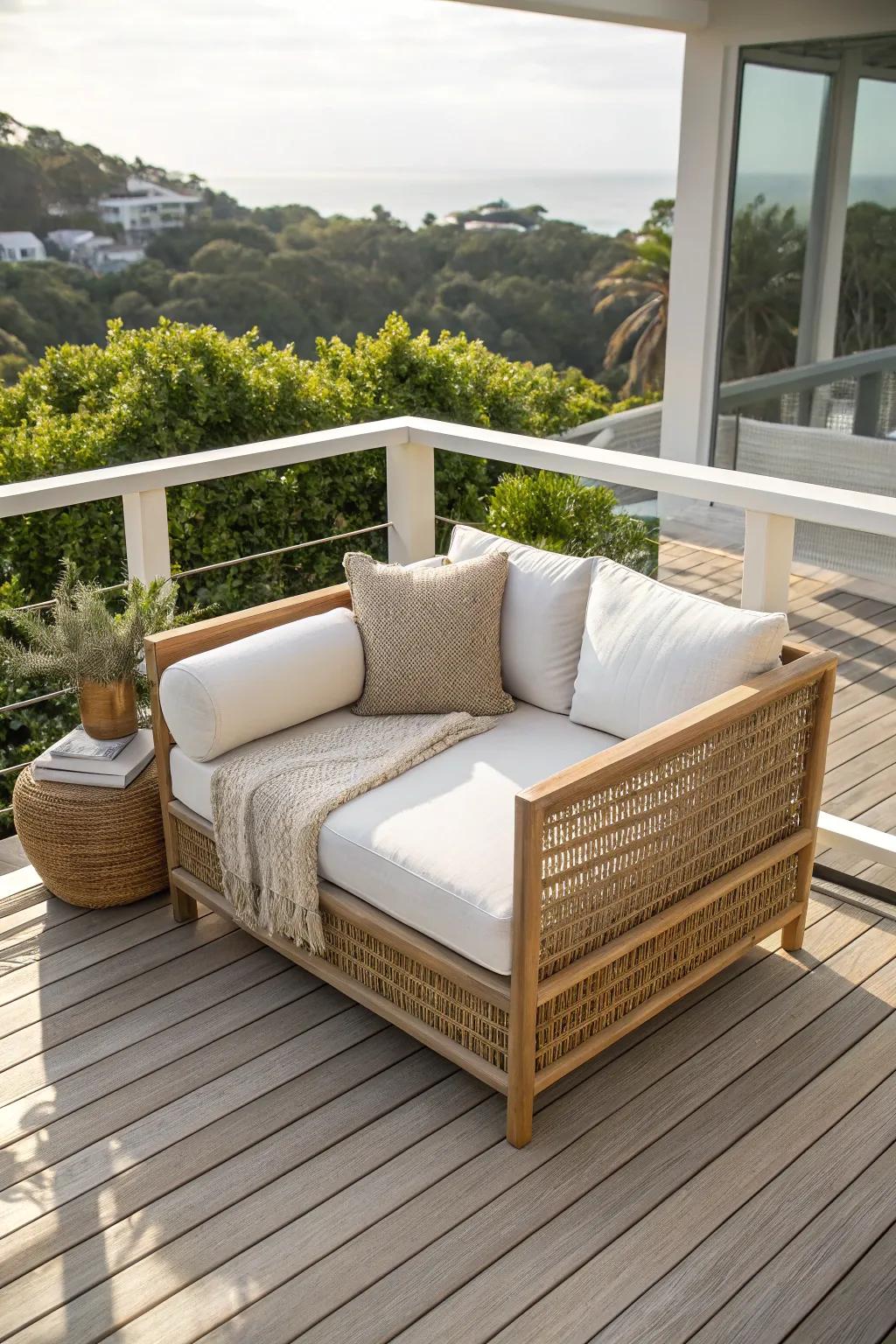 Create a corner lounge moment—an L-shaped seat turns a wraparound balcony into a mini living room.
