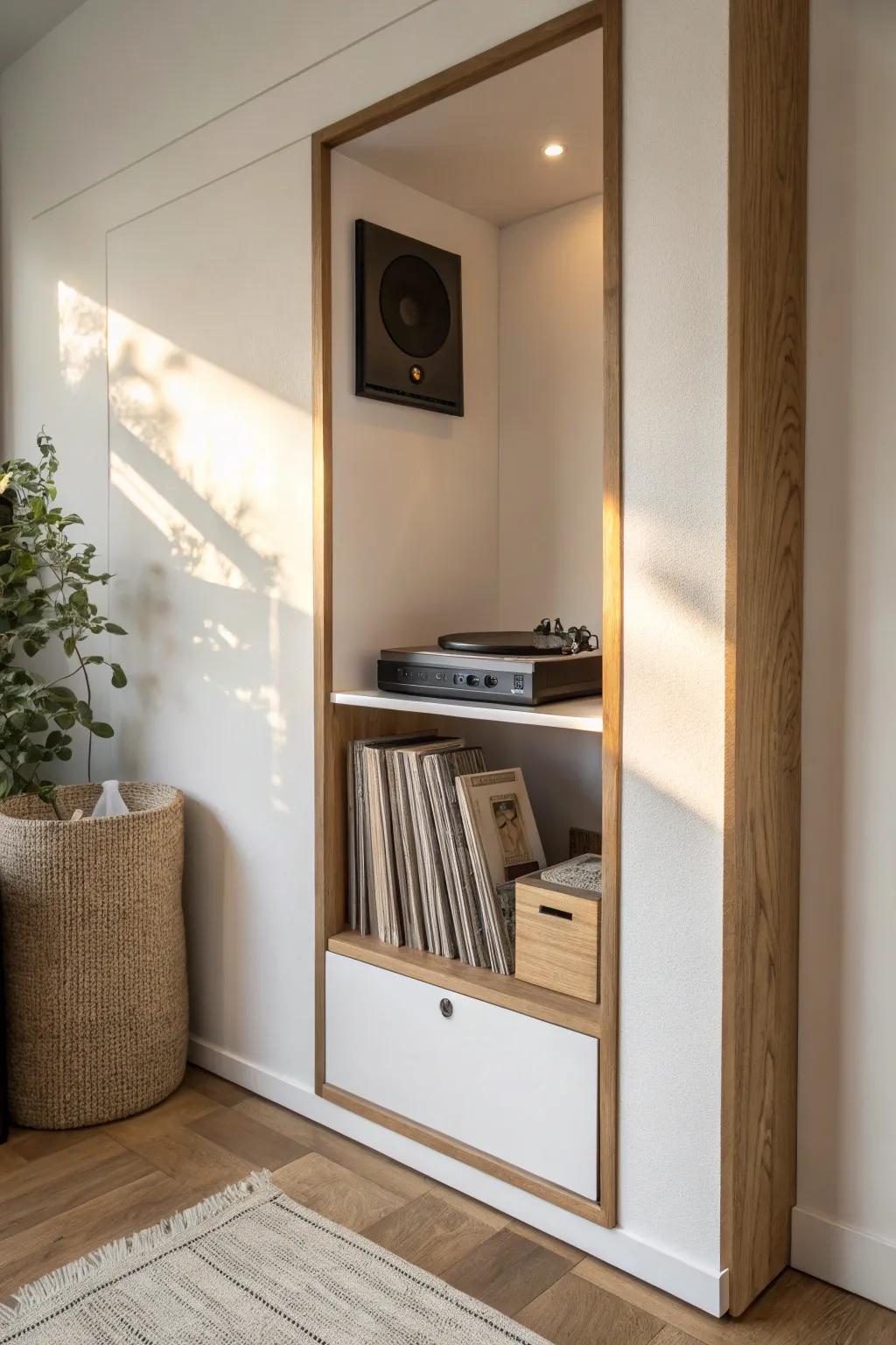 A slim false-wall niche turns vinyl into a built-in gallery—perfect for small-space wow factor.