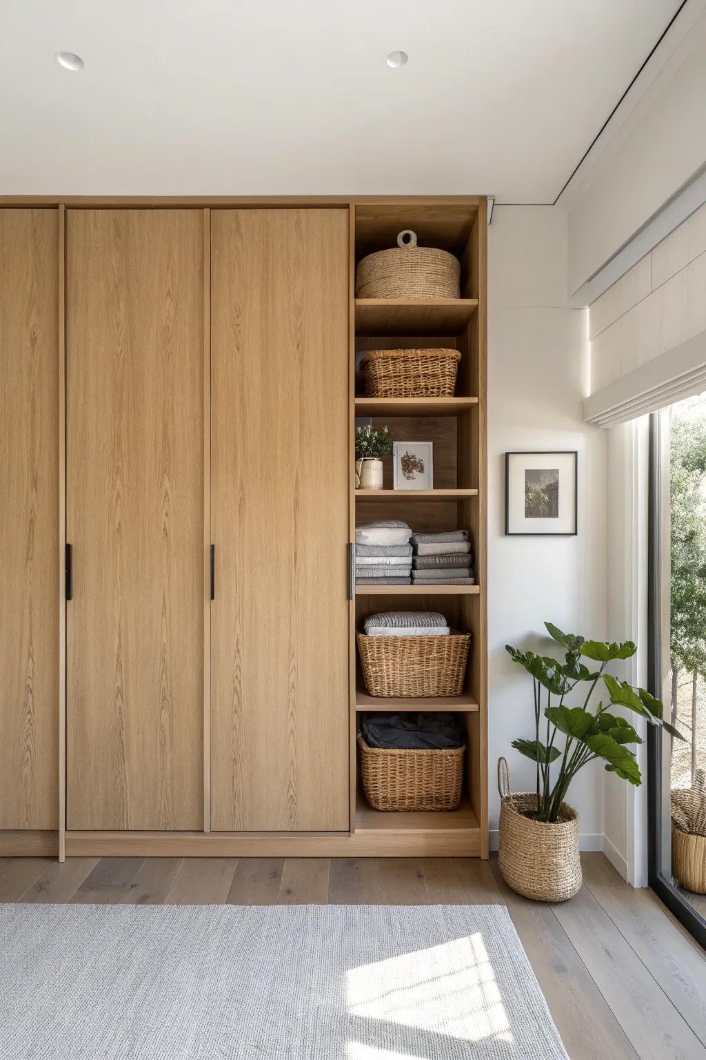 A flush-panel storage wall with a hidden door—custom calm for a tiny apartment.