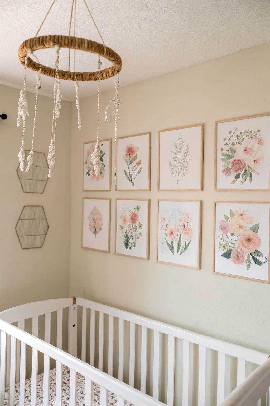 A ceiling gallery of floral prints adds a magical wow moment—perfect for a small baby girl nursery.