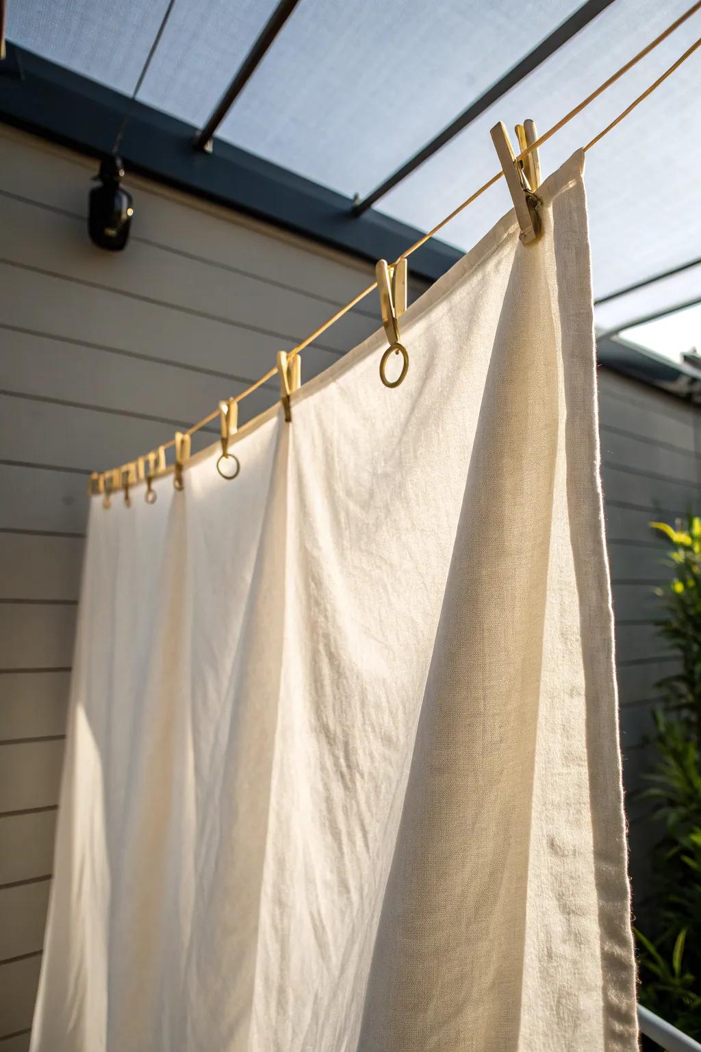 Laundry-line canopy with sliding linen panels—an artsy, adjustable balcony shade you can swap seasonally.
