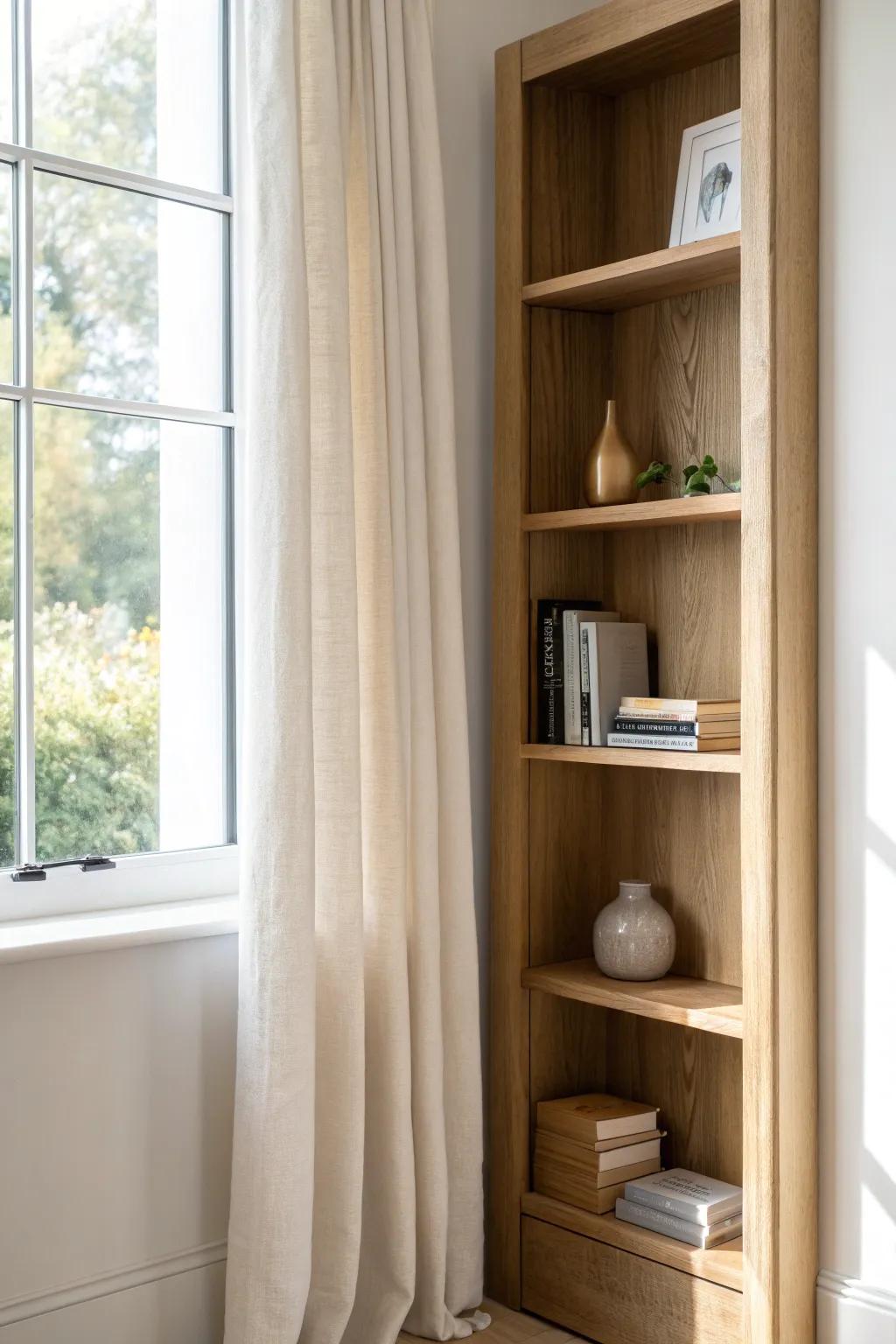A hidden door bookshelf panel beside the window—sleek storage with a playful secret twist.