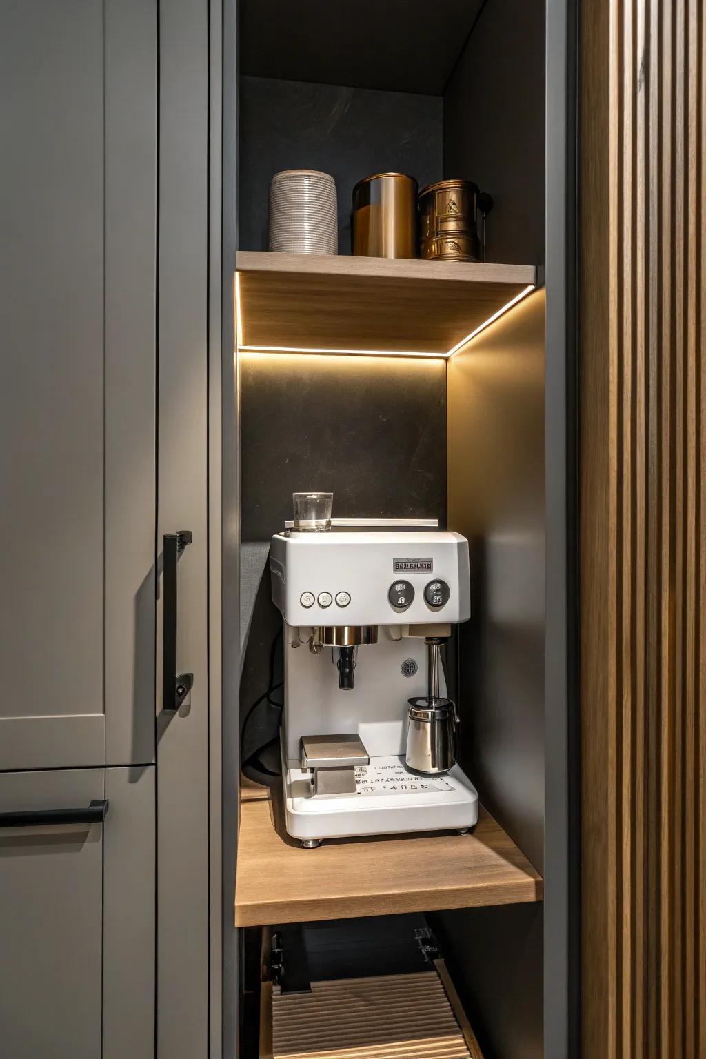 A tiny utility closet becomes a hidden café—just add a shelf, light, and a compact machine.