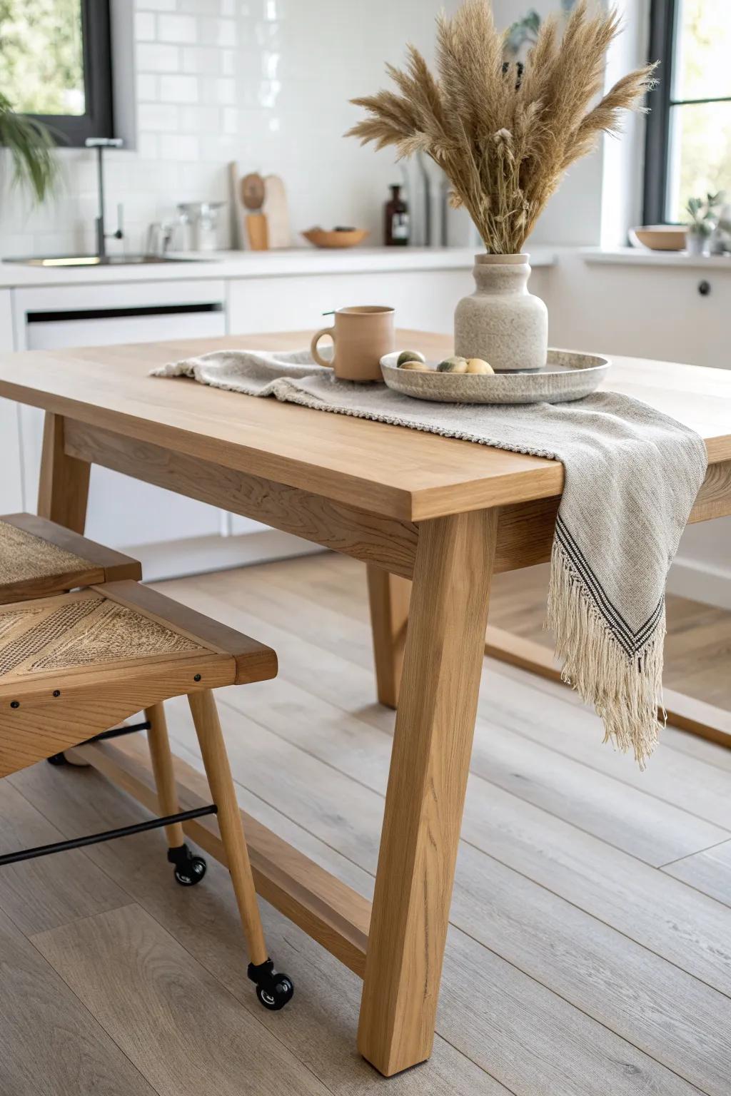 A dining table on locking casters—easy to roll from everyday meals to party buffet mode.