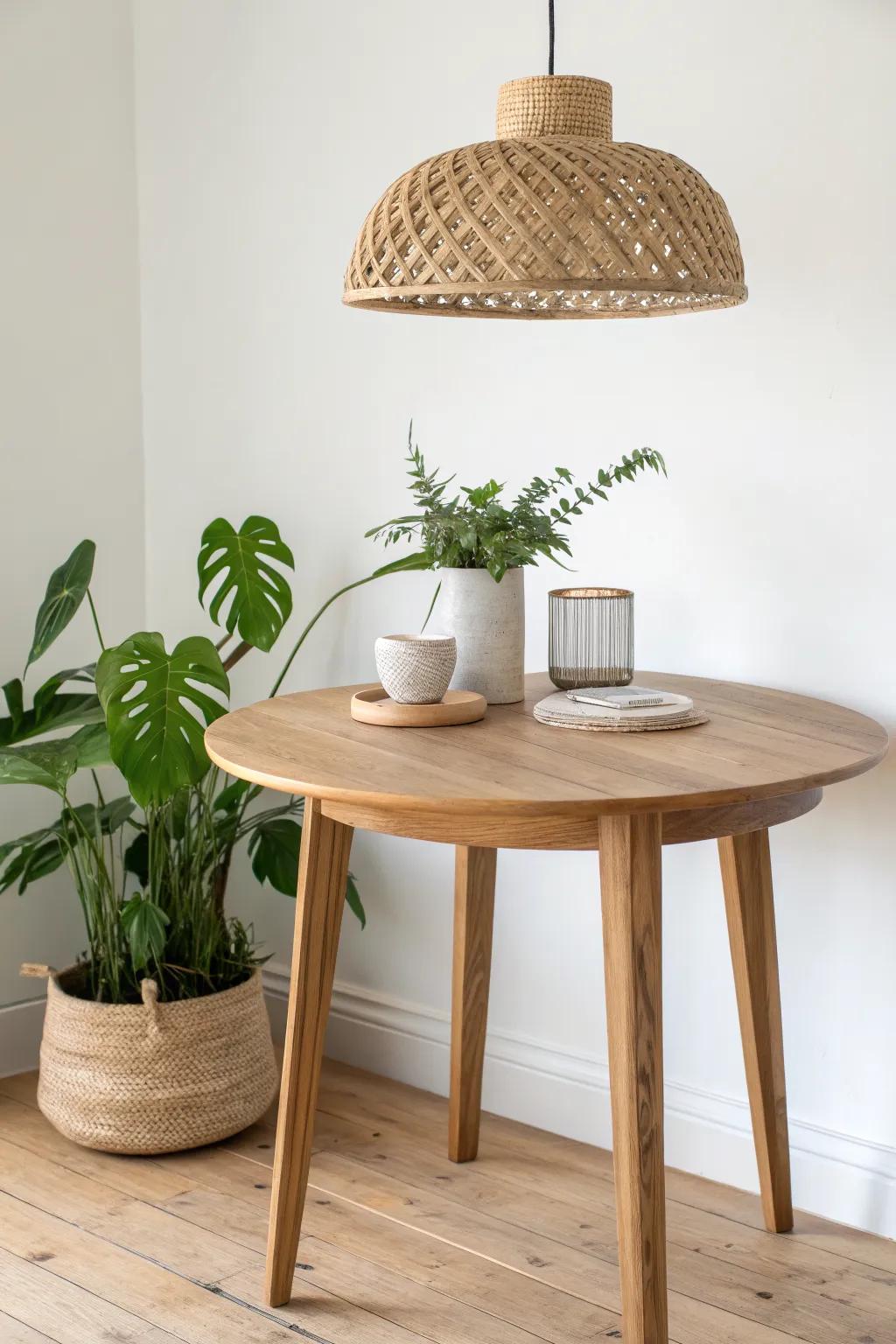 A tiny corner table, warm pendant glow, and layered greenery—instant cozy kitchen nook.