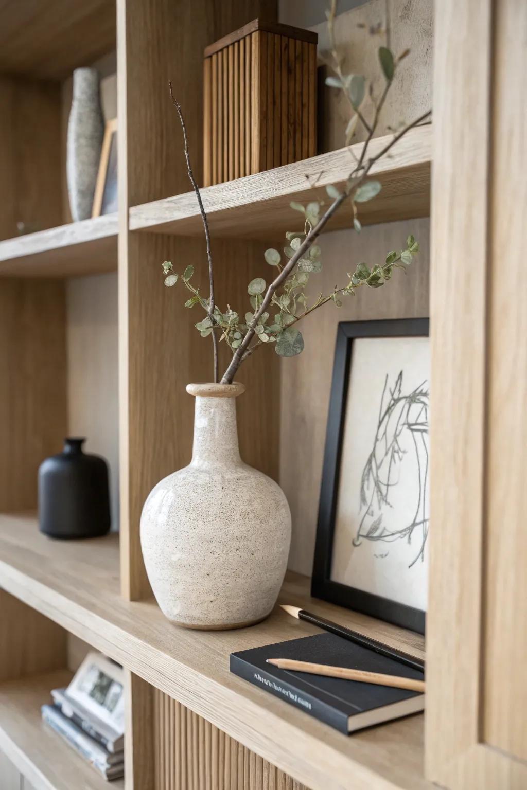 Create a mini still-life shelfie: one sketch, one sculptural find, and a branch in a handmade vase.