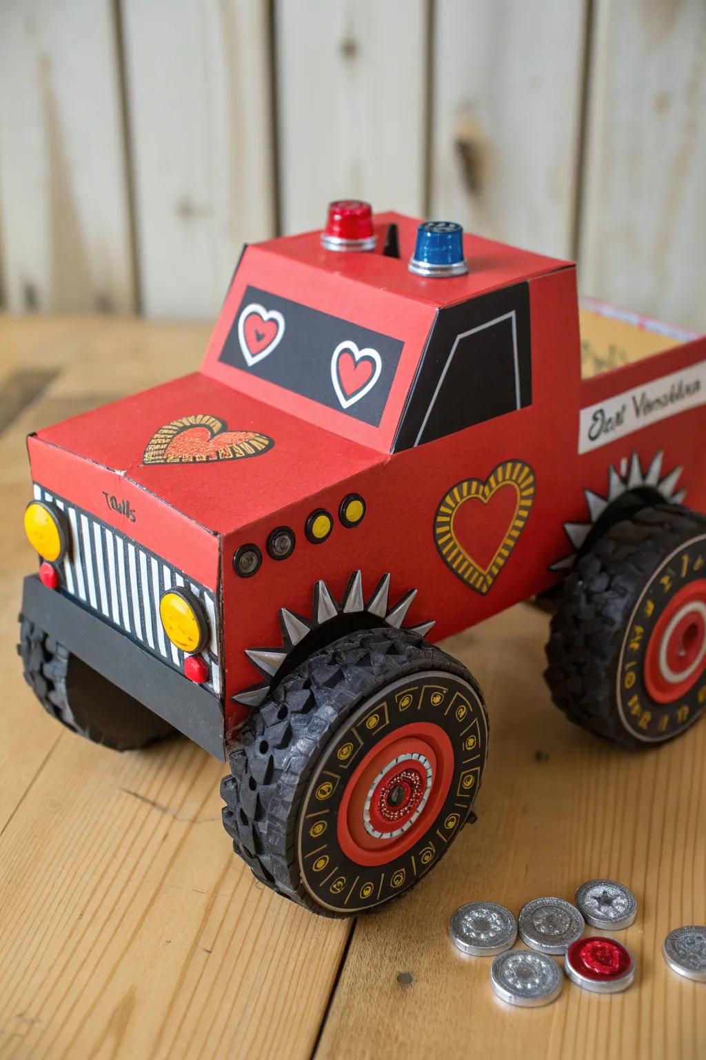 Transform everyday items into a masterpiece with this eco-friendly DIY monster truck Valentine box!