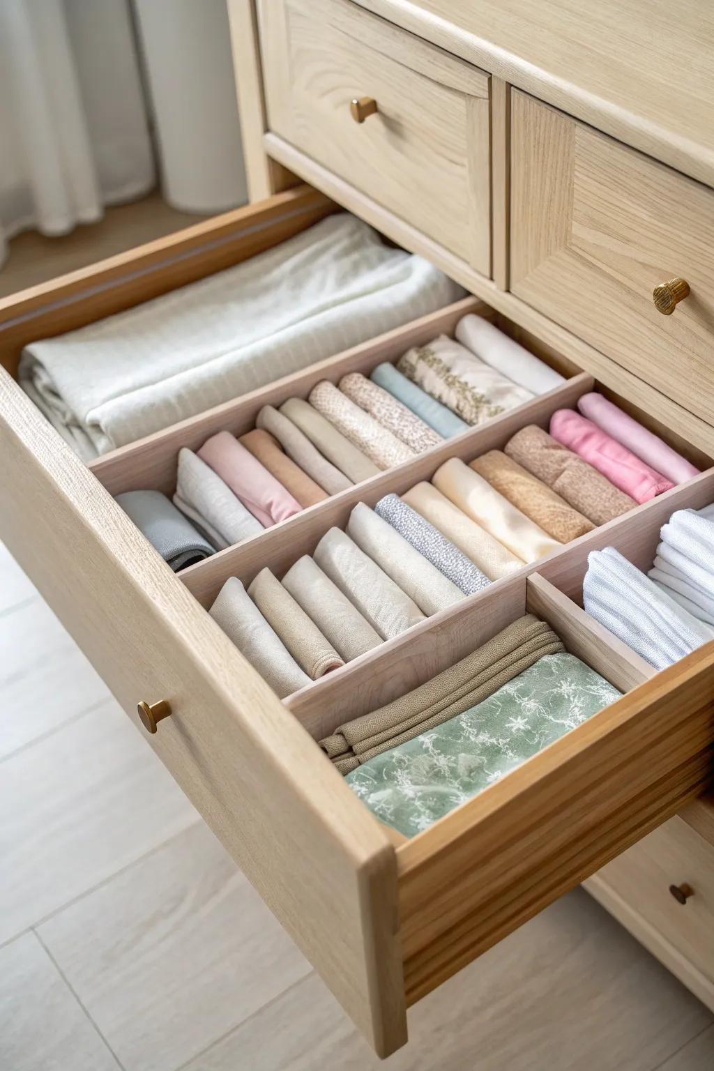 Transform chaos into calm with beautifully crafted drawer dividers for your fabric organization.