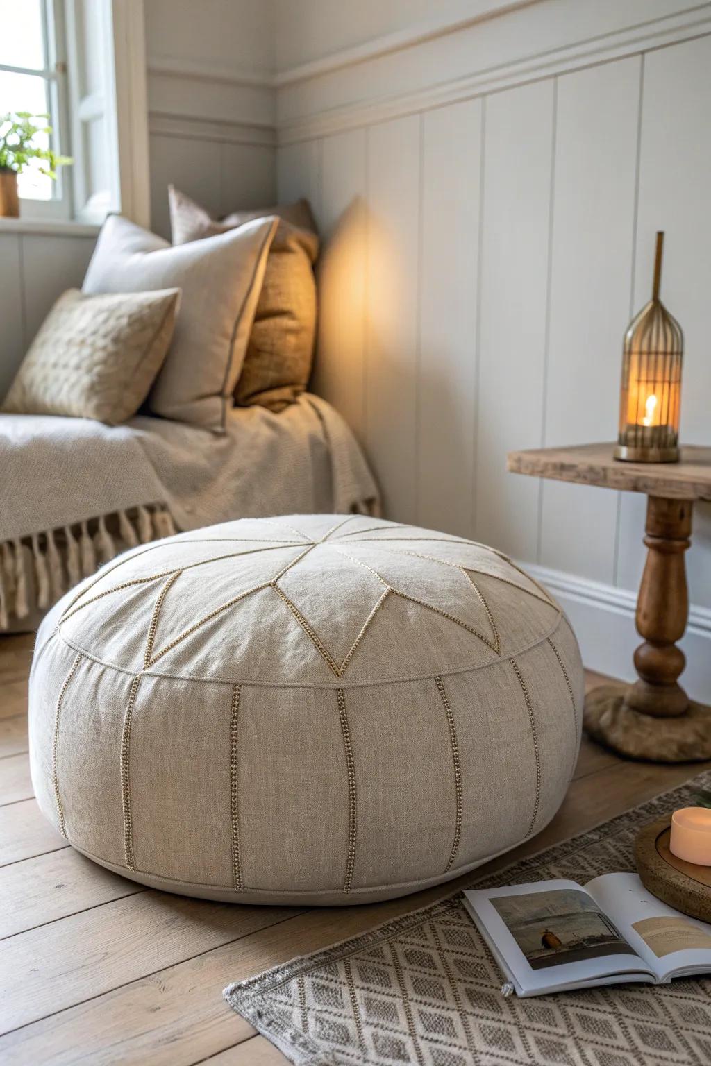 A hidden closet lounge—one plush floor cushion turns spare space into a cozy retreat.