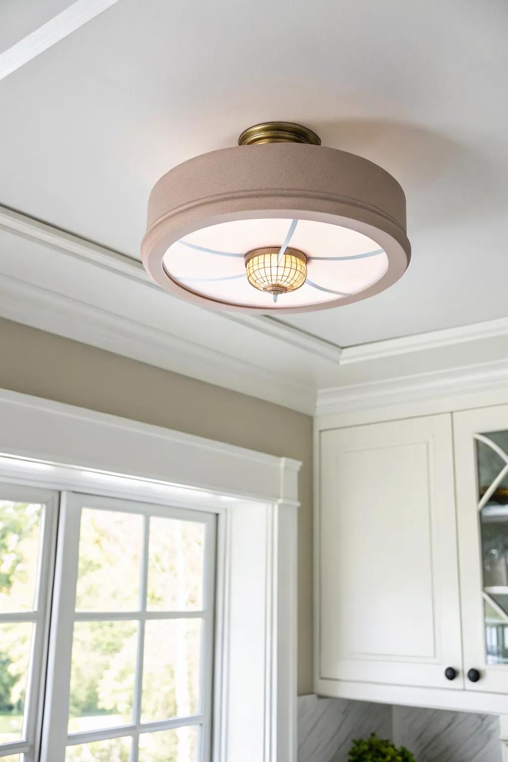 Paint a soft ceiling halo to make a flush mount look custom in a tiny kitchen.