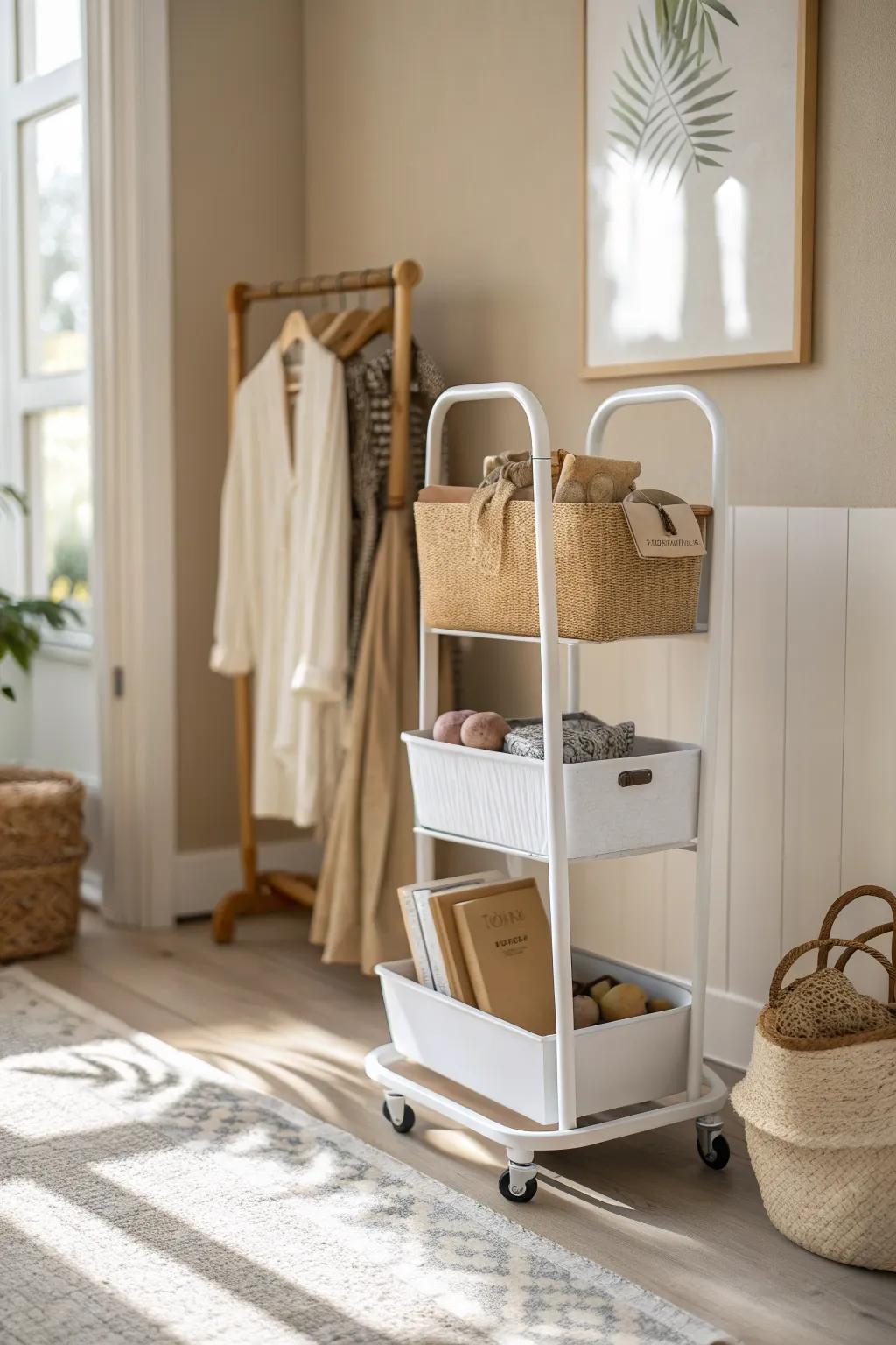 A slim rolling cart hidden in the closet keeps returns and outgoing packages calm and contained.