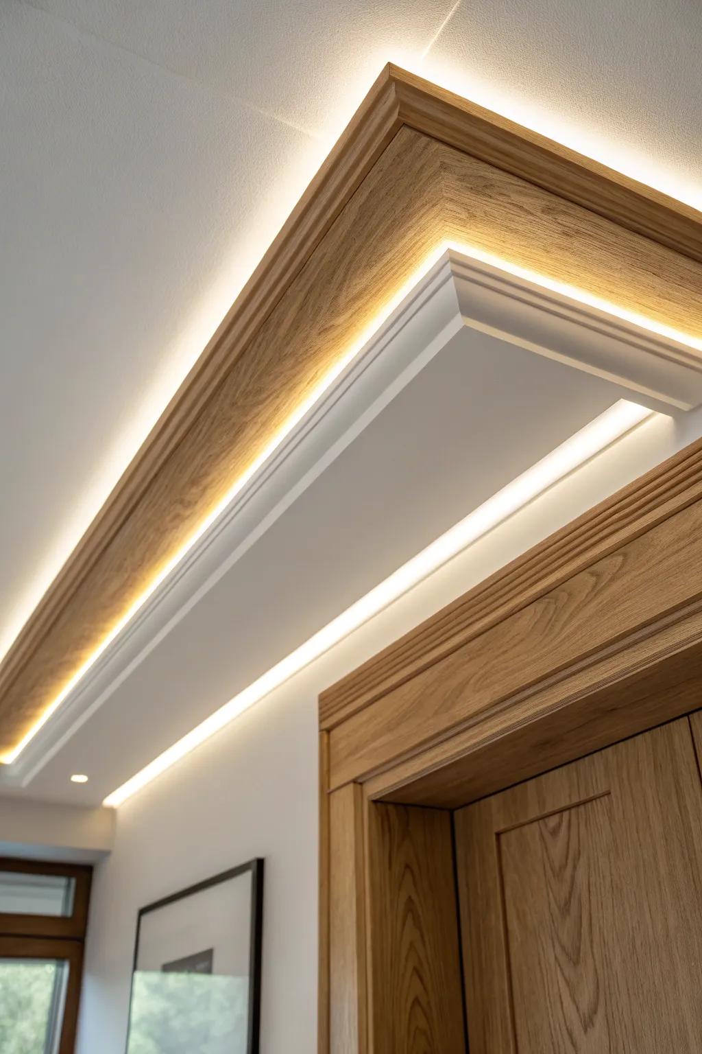 A hidden LED cove creates a dreamy faux skylight glow—perfect for brightening a galley bath.