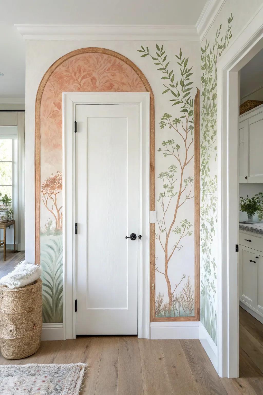 A hand-painted arch-and-vines mural turns a plain hallway closet door into functional art.
