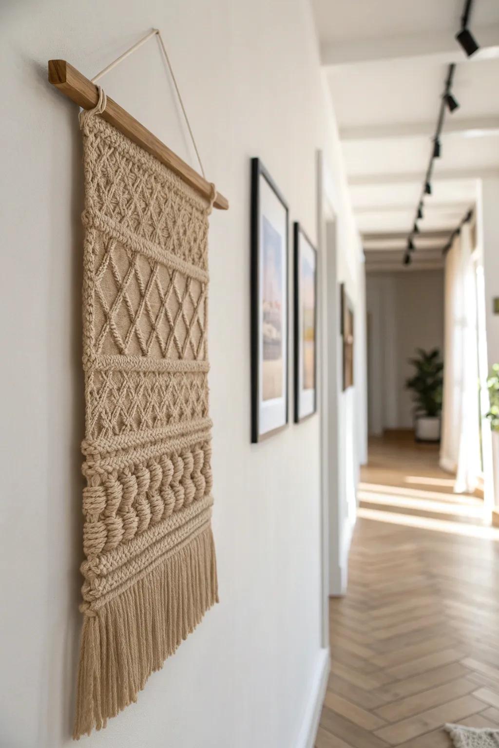 Try a small woven panel as a 3D “frame”—one texture moment makes the hallway feel designer.