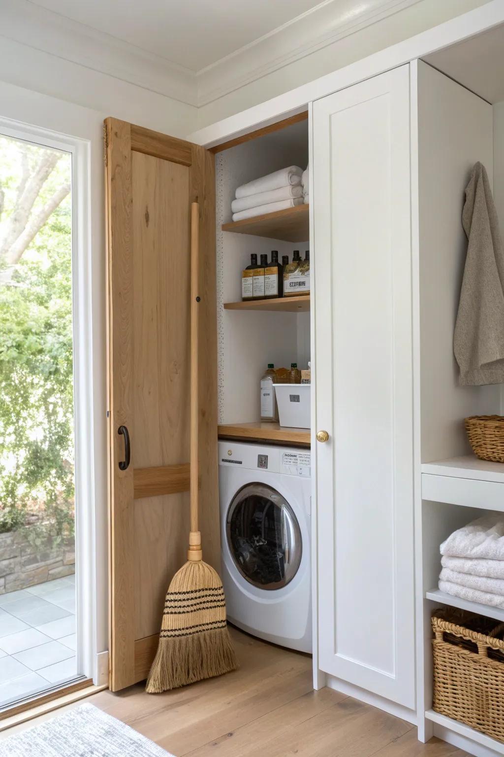 A hidden hallway closet that stores brooms, refills, and linens in calm, vertical zones.