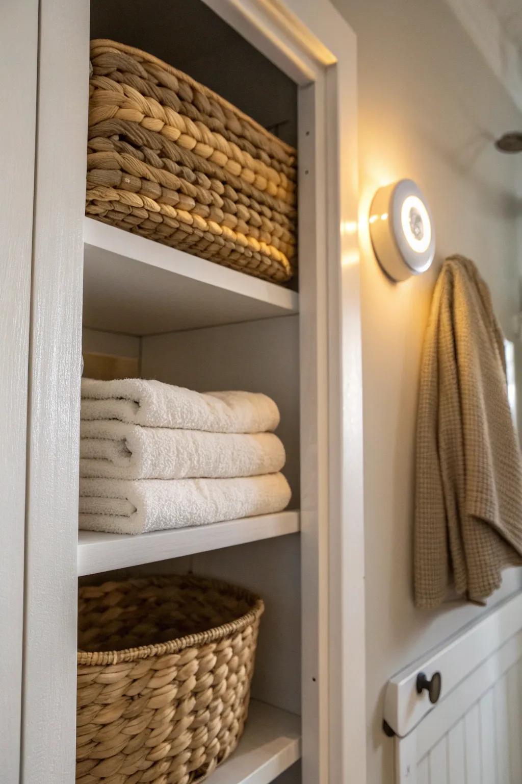 Tiny motion-sensor puck light turns a dim hallway linen closet into a custom-looking space.