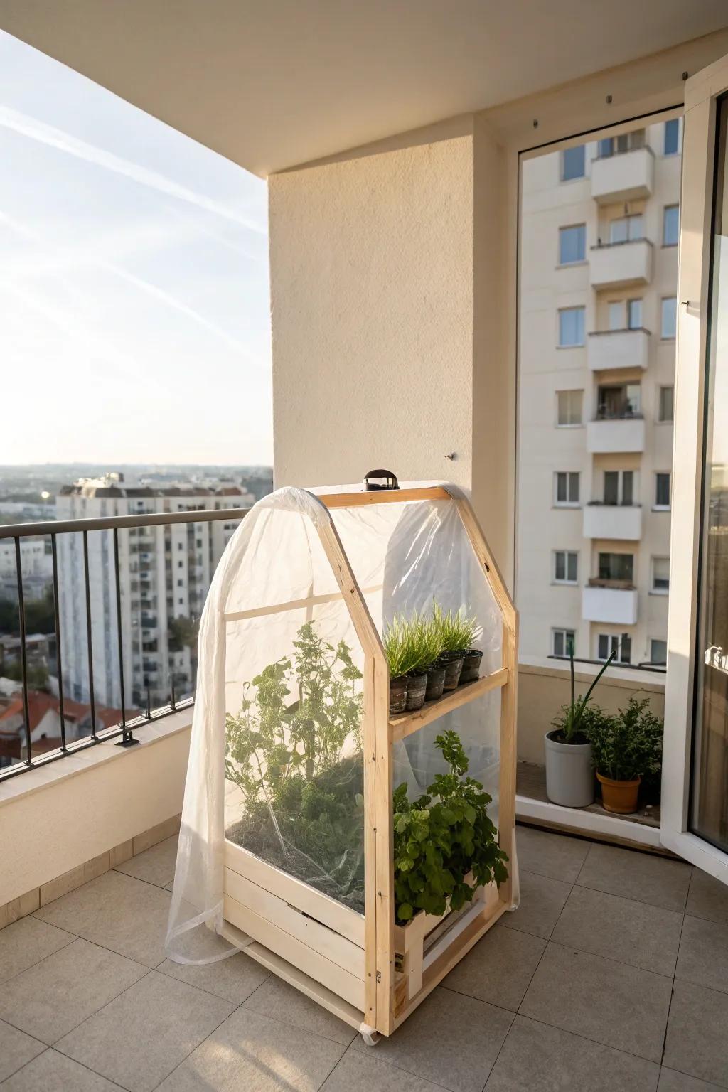 A pop-up mini greenhouse that turns a windy high-rise balcony into a calm green oasis.