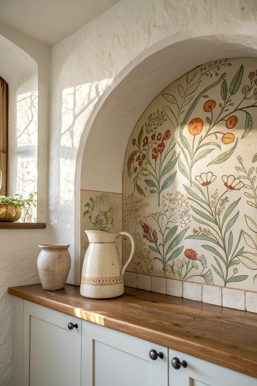 A tiny alcove turns into art: a mural backsplash adds drama without crowding the kitchen.