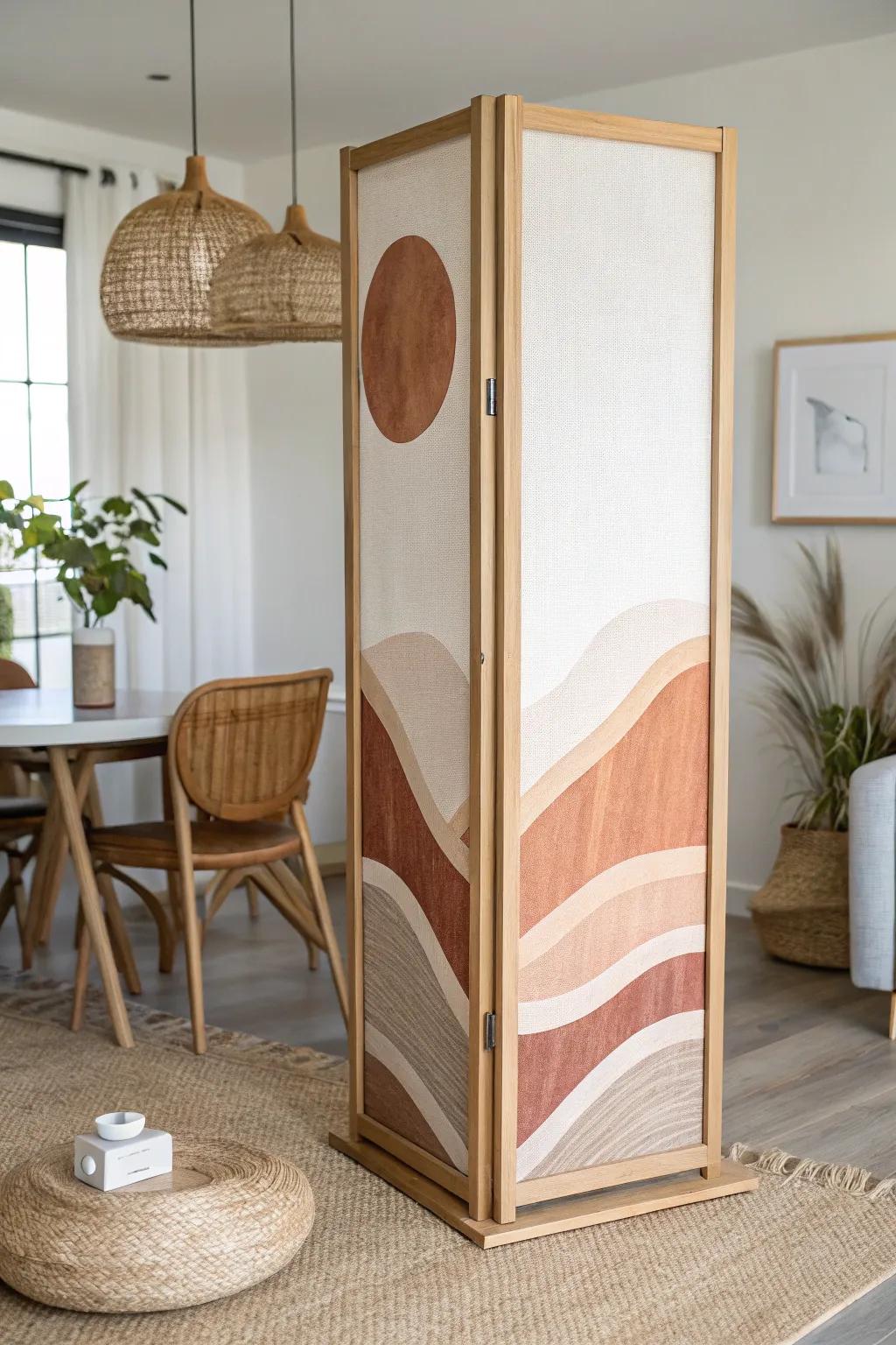 A rotating art panel divider: bold artwork for the lounge, calm neutral for dining.
