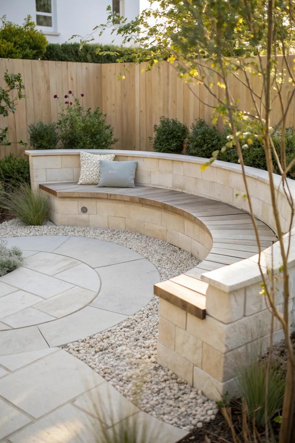 A sunken gravel seating nook brings boutique courtyard vibes to tiny gardens—low upkeep, high style.