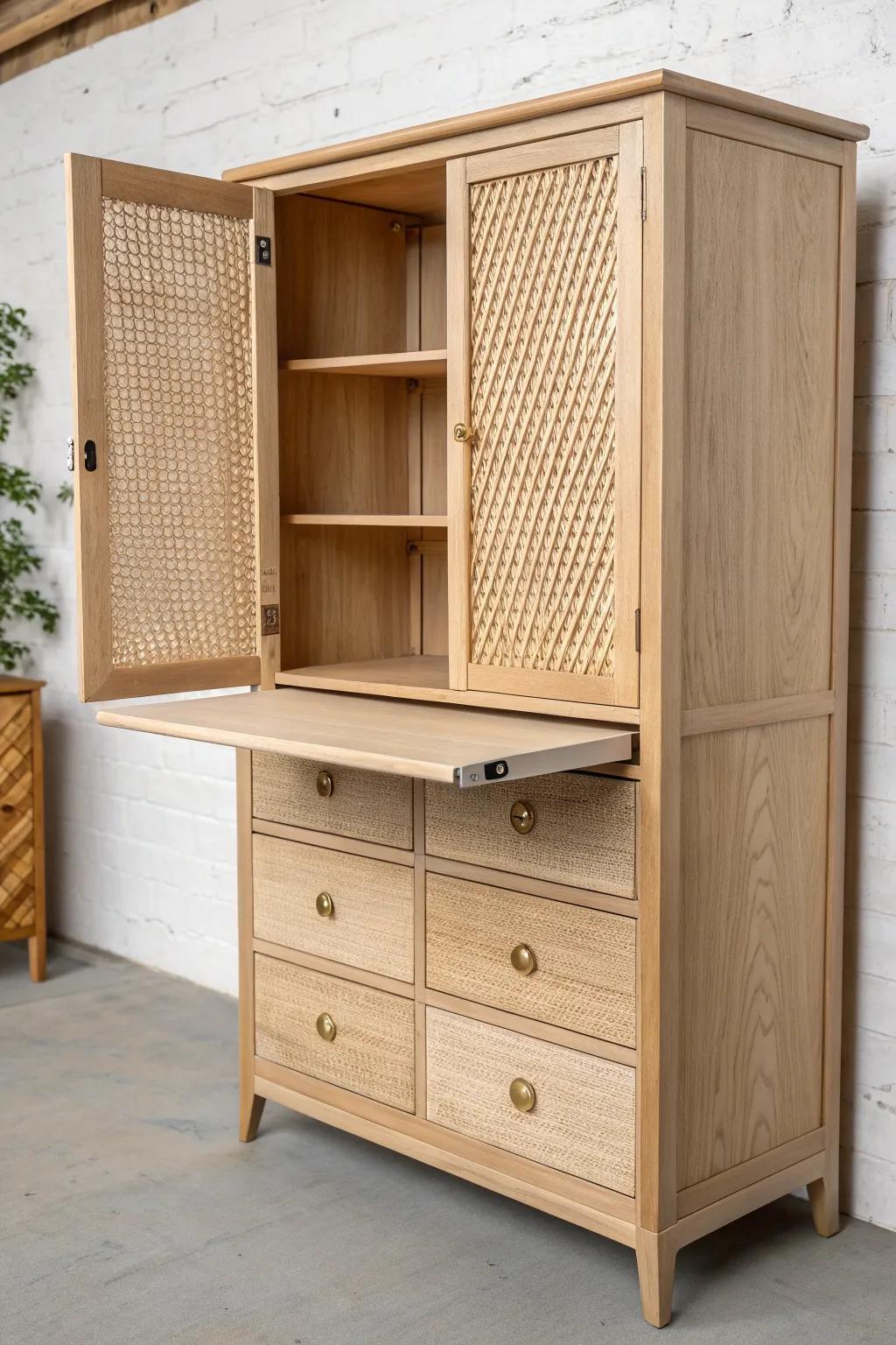 Fold-out desk hidden in a cabinet: instant tidy studio office with warm minimalist style.