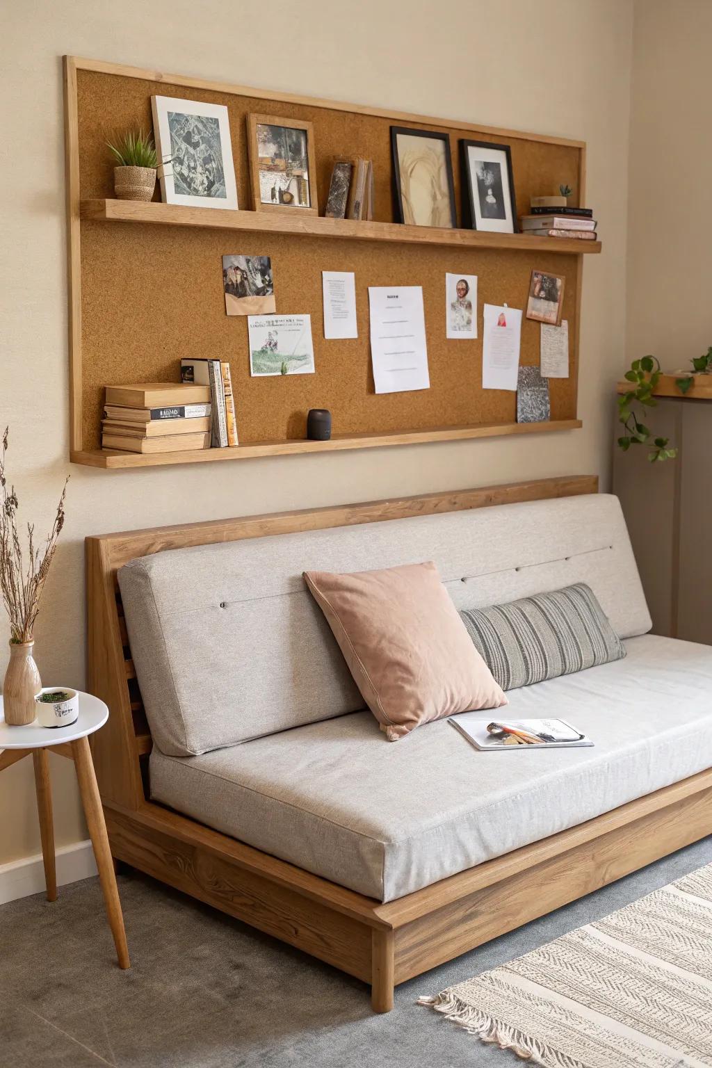 A faux headboard ledge + pinboard turns your sofa bed wall into vertical, guest-ready storage.