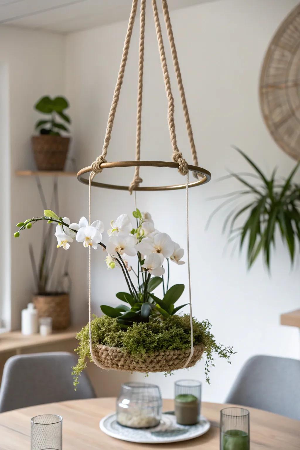 A floating orchid hoop chandelier—minimal, airy, and perfect for decorating small-space “air” above tables.