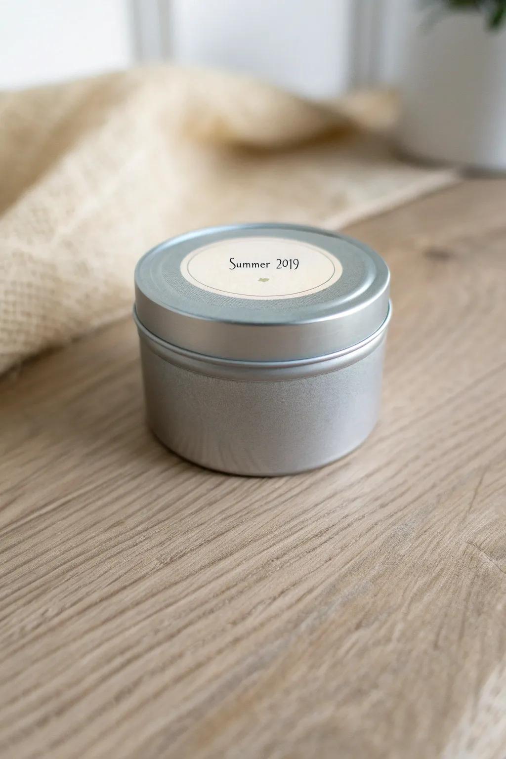 A tiny dated photo tin—your mini “time capsule” to store one trip or school year in style.