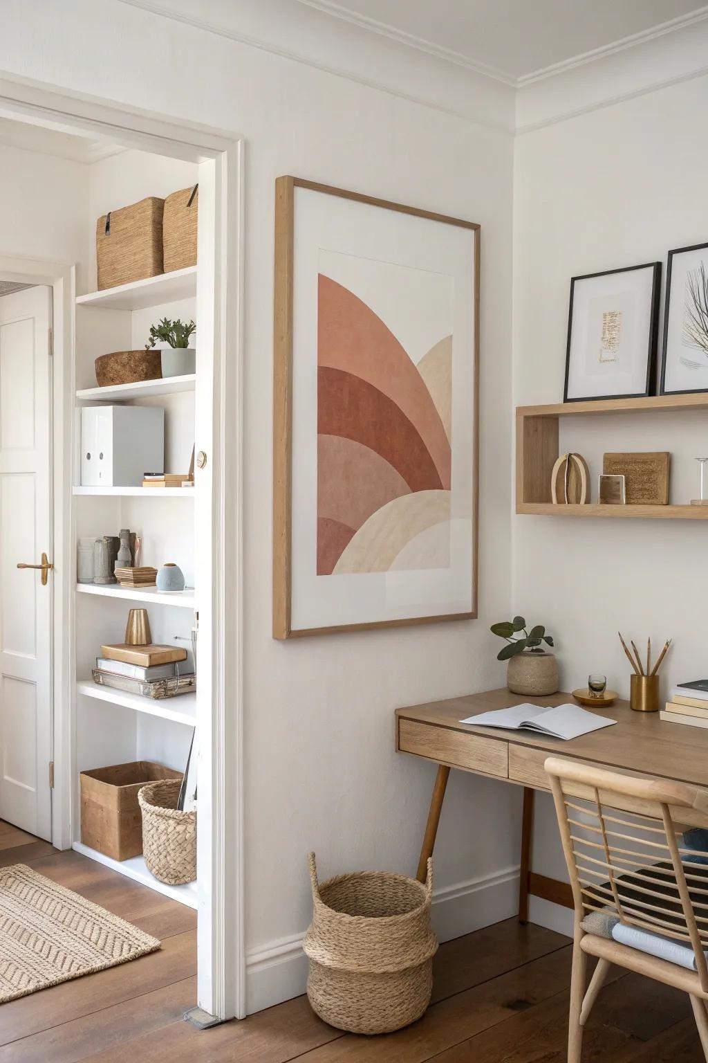 A hinged art panel swings open to reveal a slim, hidden pocket office in a hallway niche.