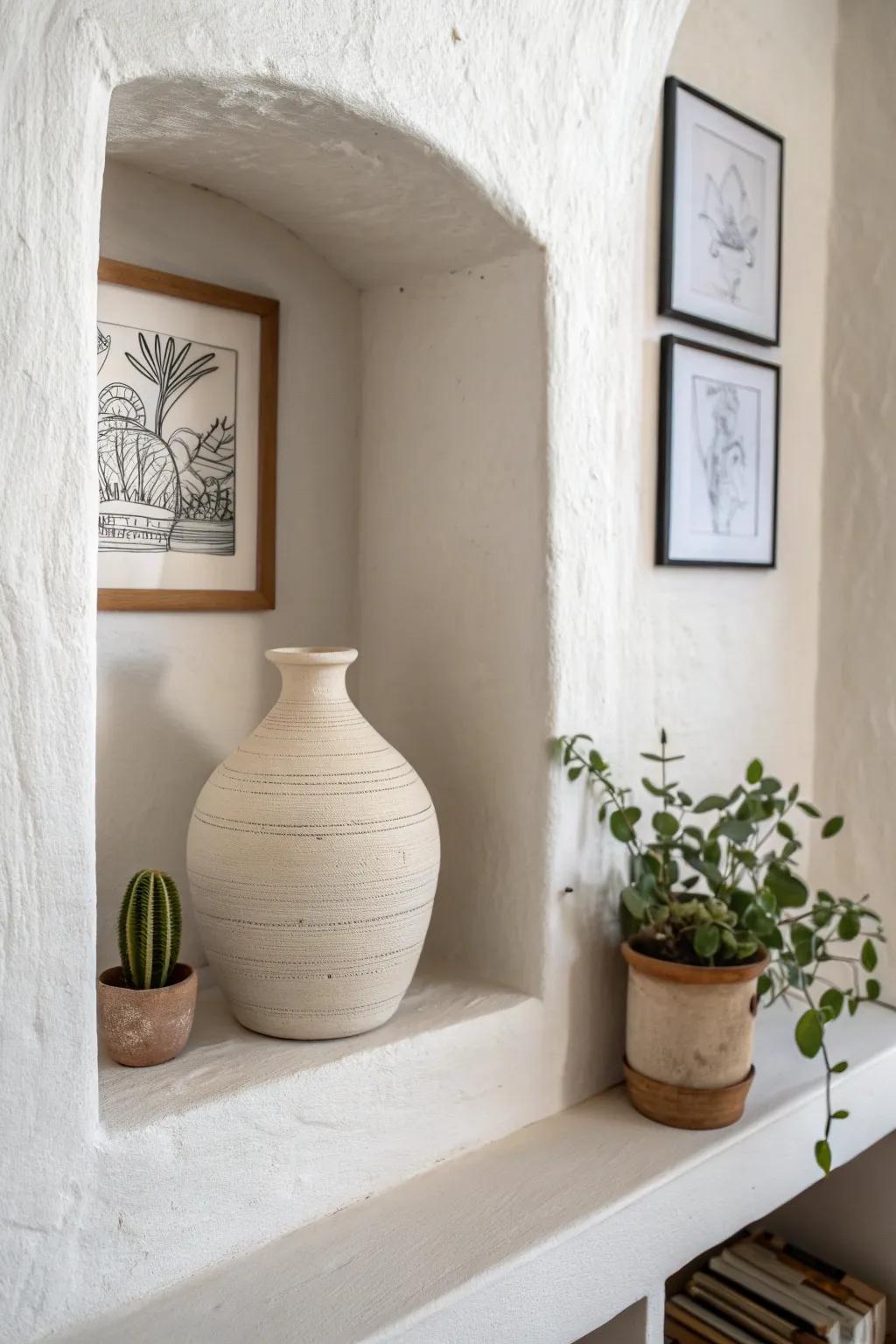 Turn a recessed niche into a tiny art gallery: one vase, one print, one plant—perfectly spaced.