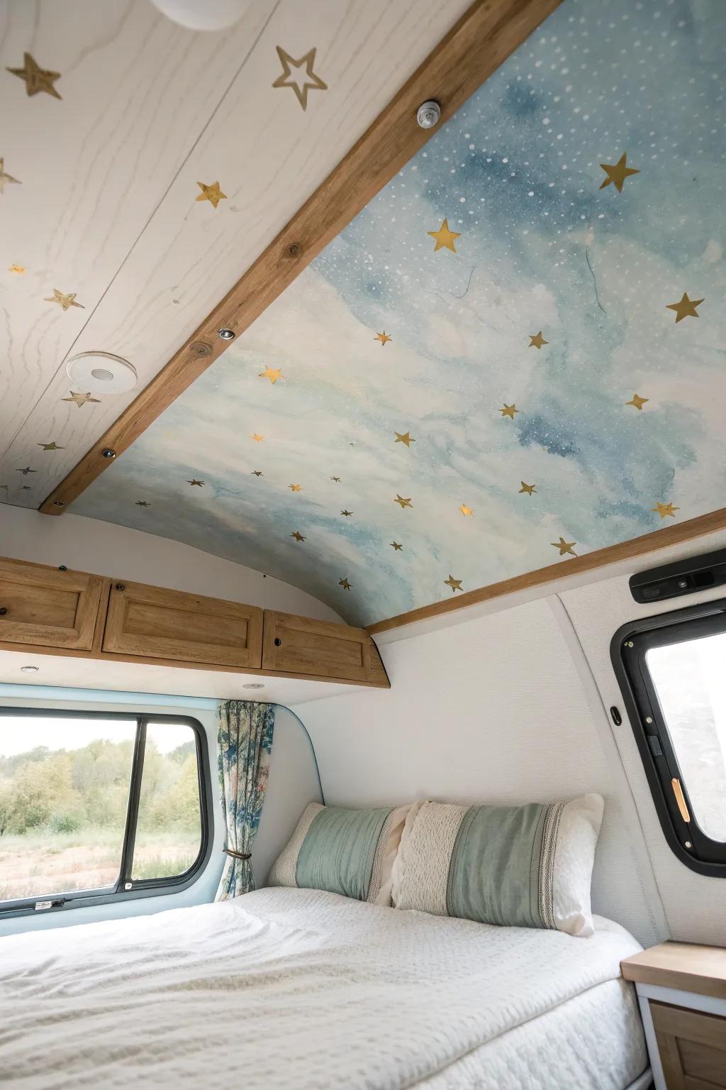 A soft starry ceiling mural adds a custom wow moment to your RV—minimal, dreamy, and chic.