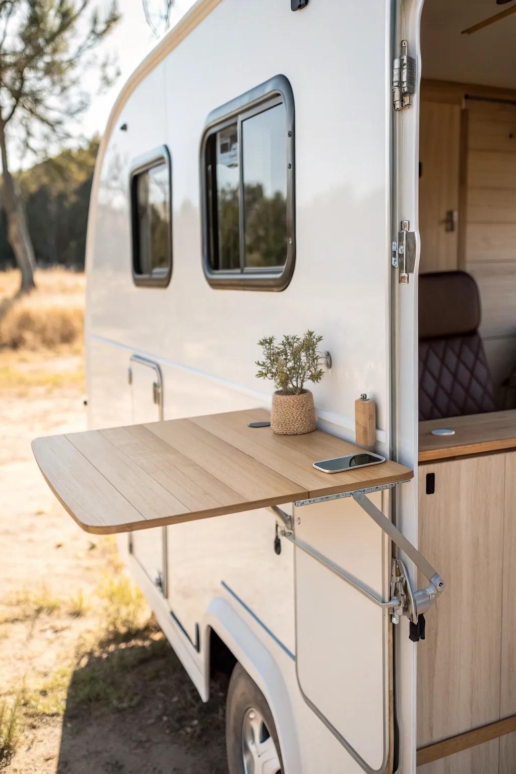Blond-wood hook-on RV exterior desk—minimal, airy, and perfect for fresh-air work sessions.